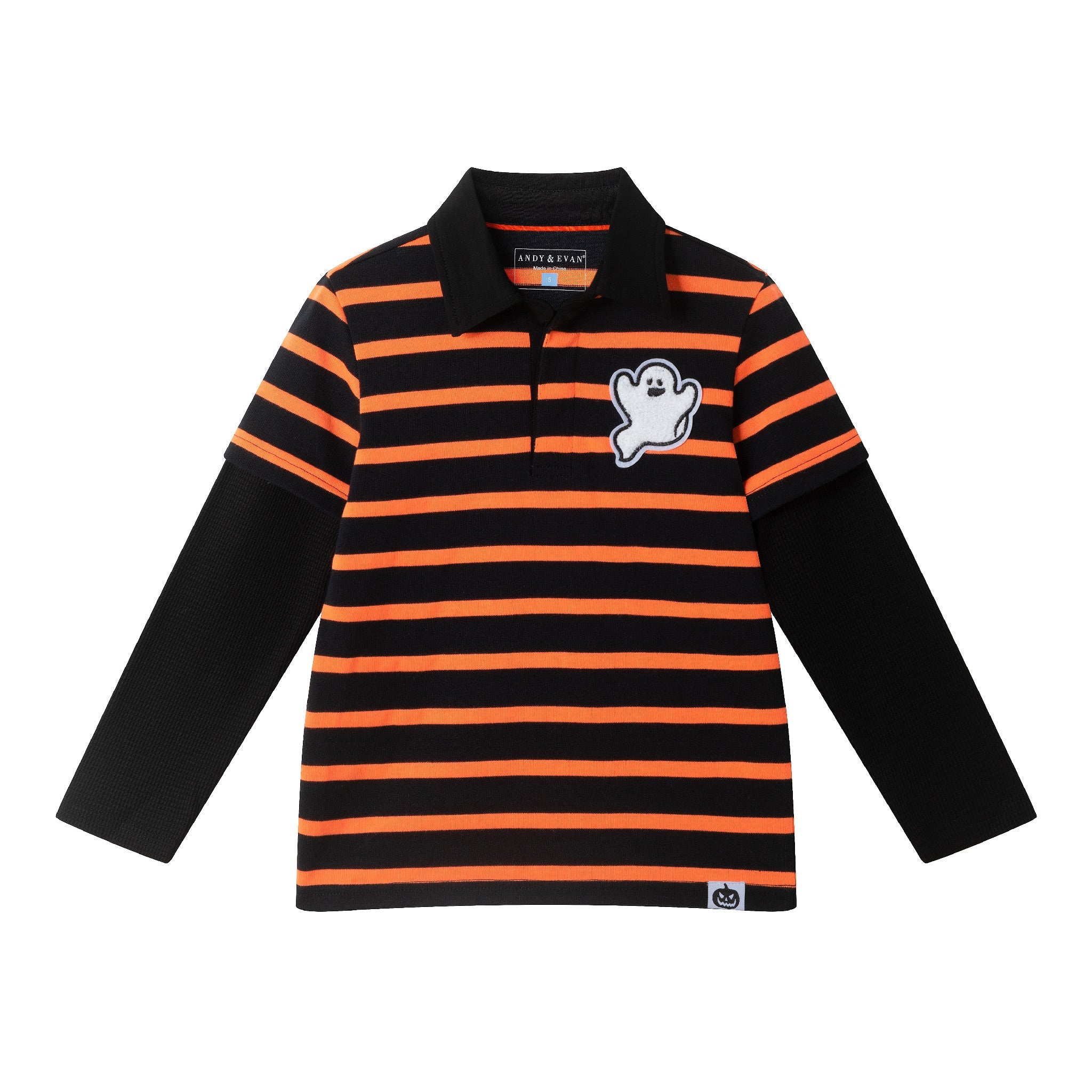 Kids Halloween Rugby Polo | Ghost Patch (Black/Orange)