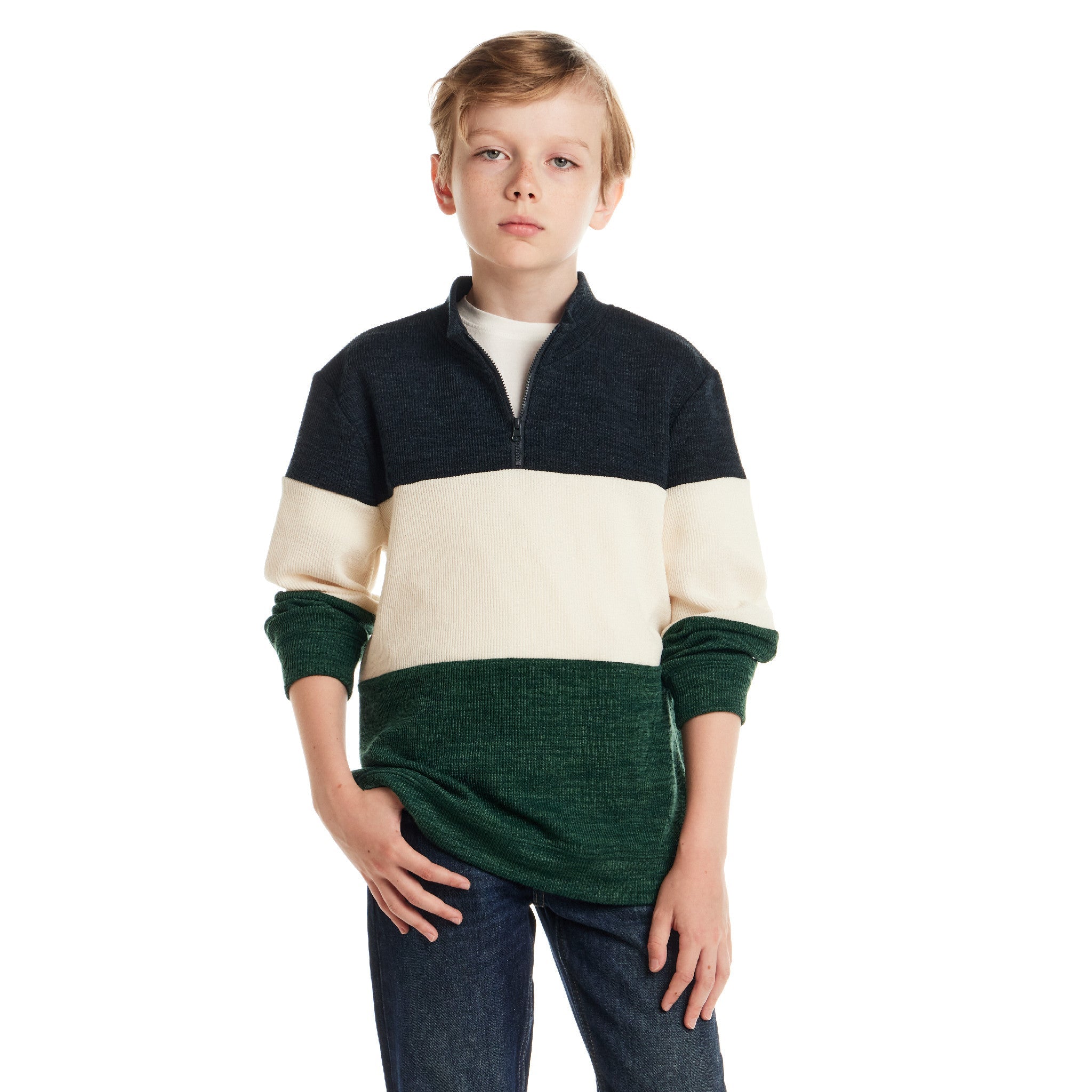 Kids Colorblocked Quarter Zip Sweater | Green Stripe