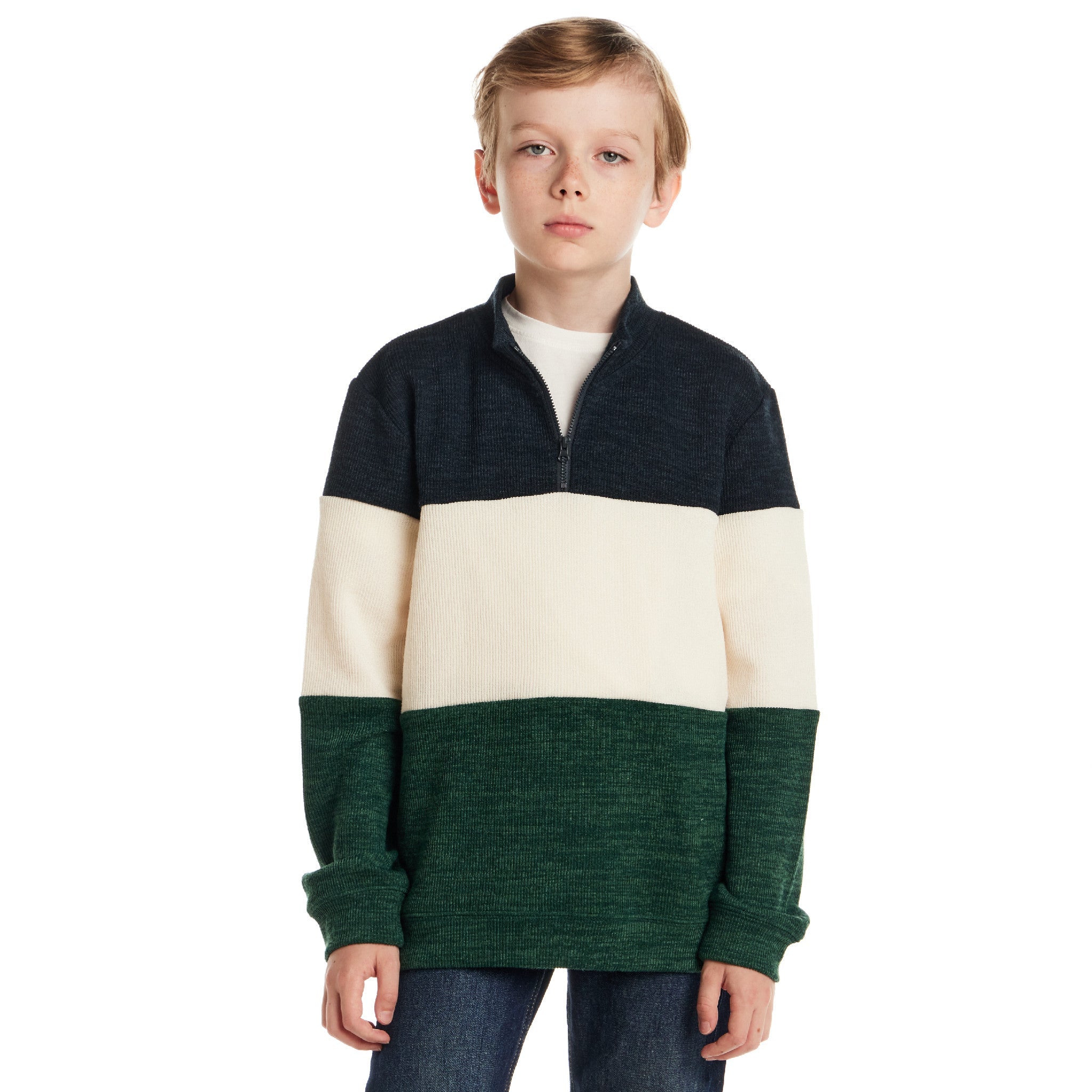 Kids Colorblocked Quarter Zip Sweater | Green Stripe