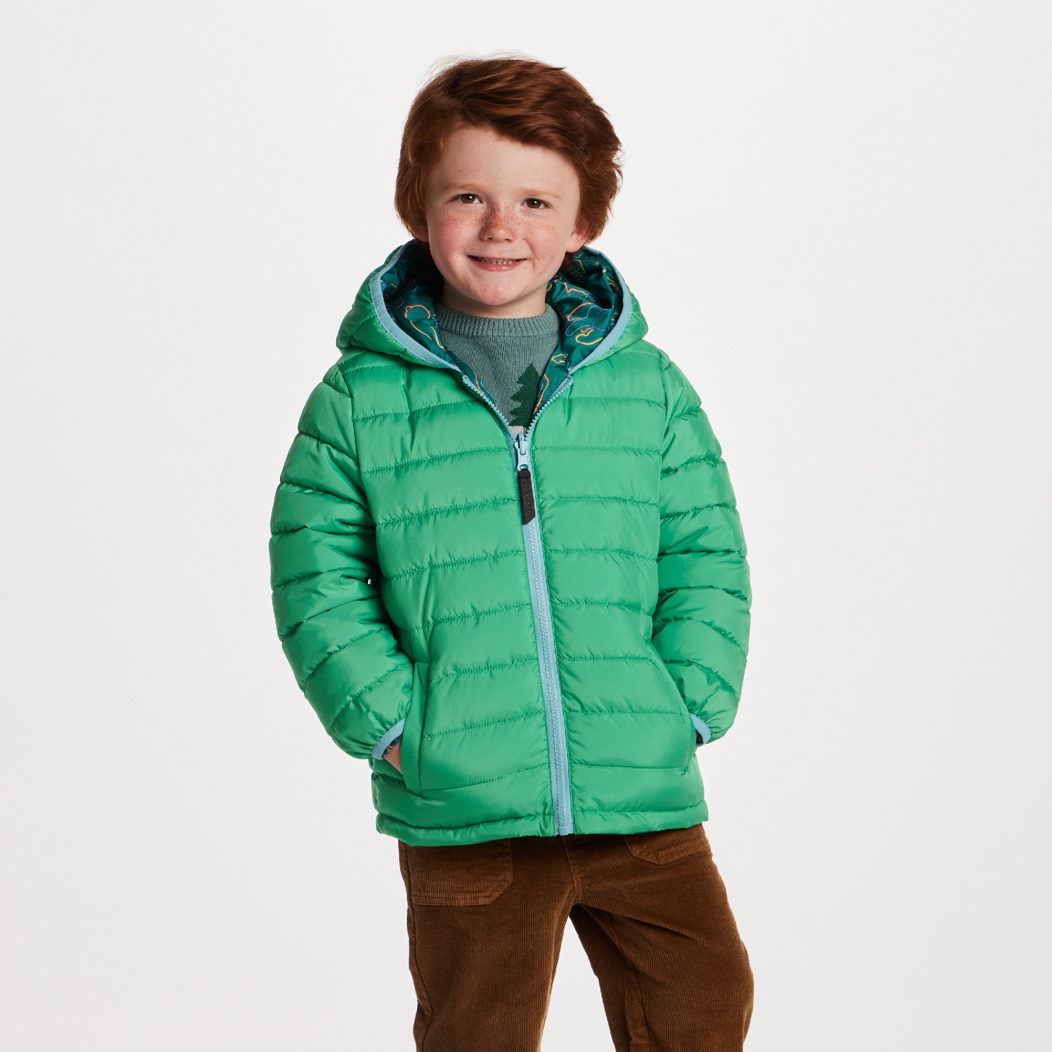 Kids Reversible Puffer Jacket | Green Bear