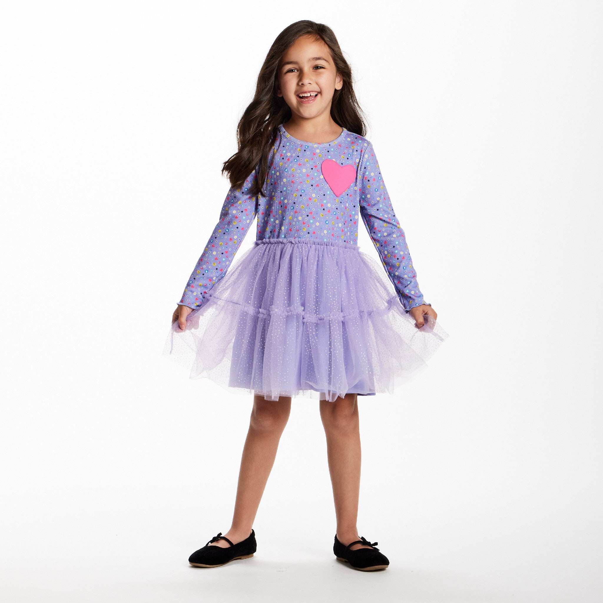 Kids Printed Rib Knit Dress | Purple Hearts