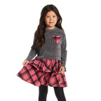 Kids Knit Top Plaid Skirt Dress | Grey & Pink Heart