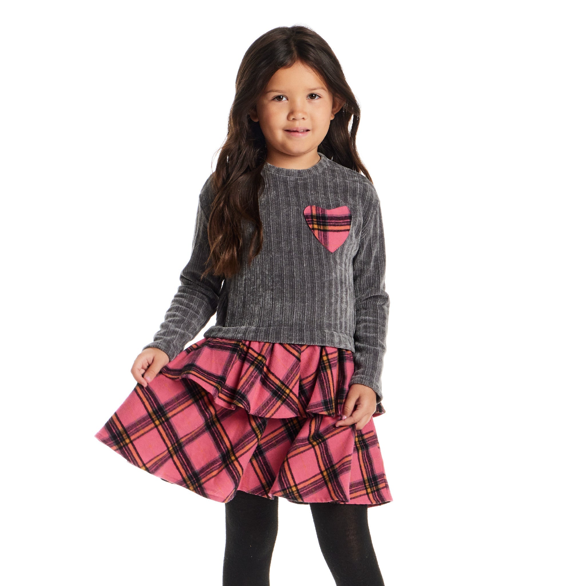 Kids Knit Top Plaid Skirt Dress | Grey & Pink Heart