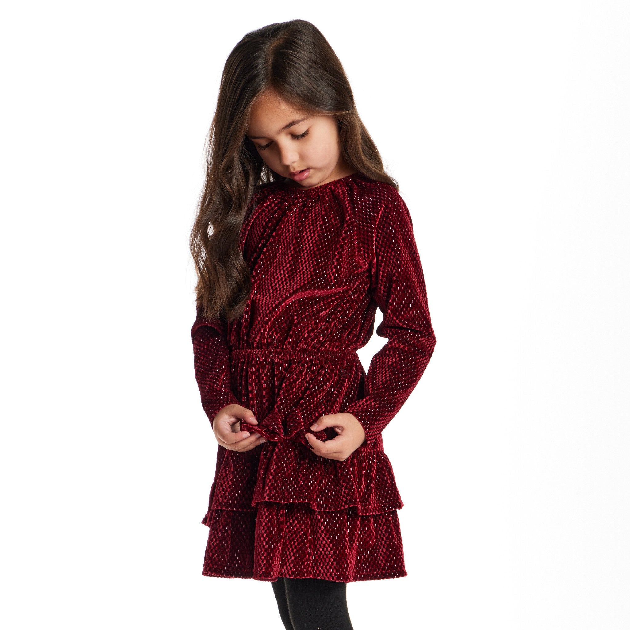 Kids Red Velvet Asymmetrical Tiered Dress | Red Checkered