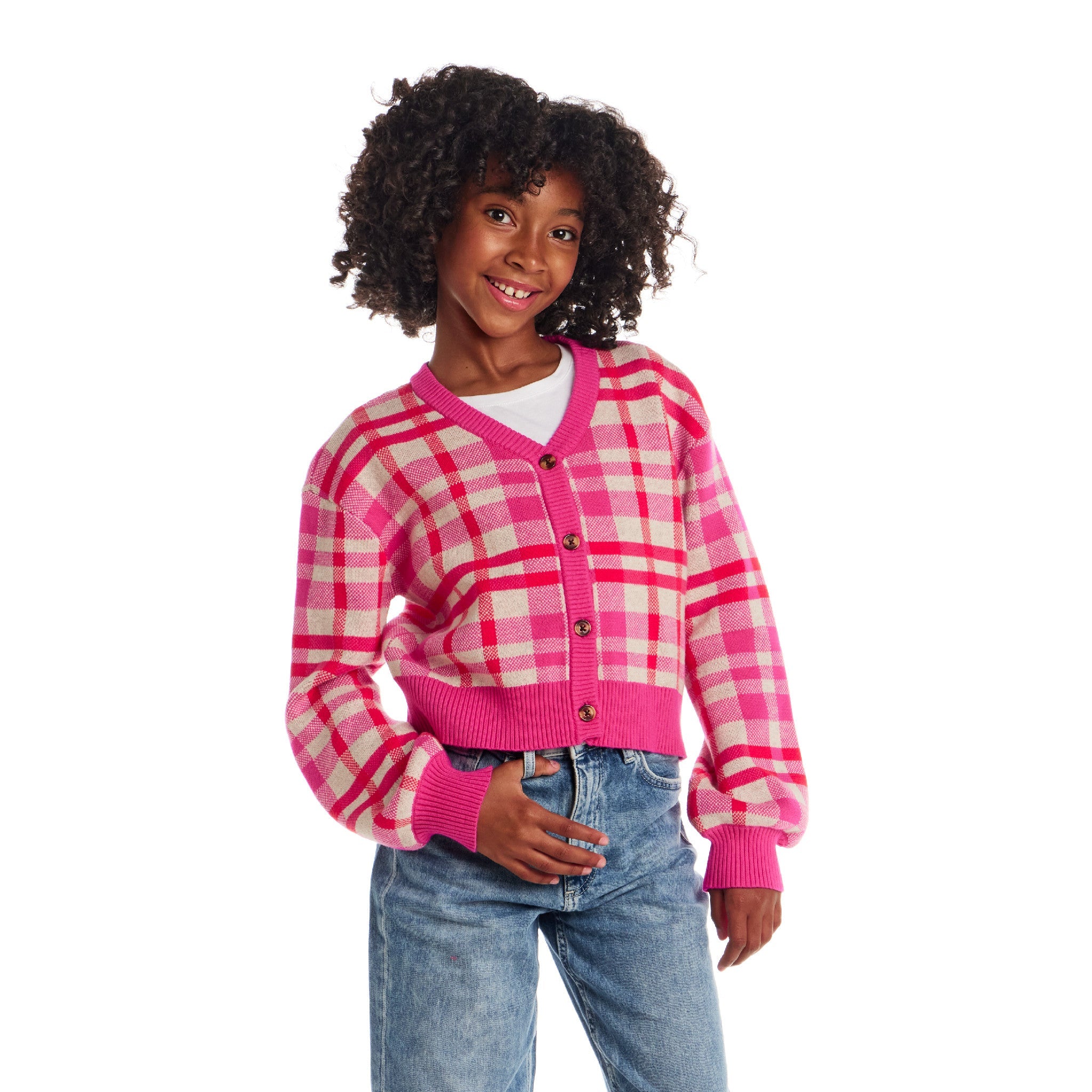 Tween (7-16) Cardigan | Pink Plaid