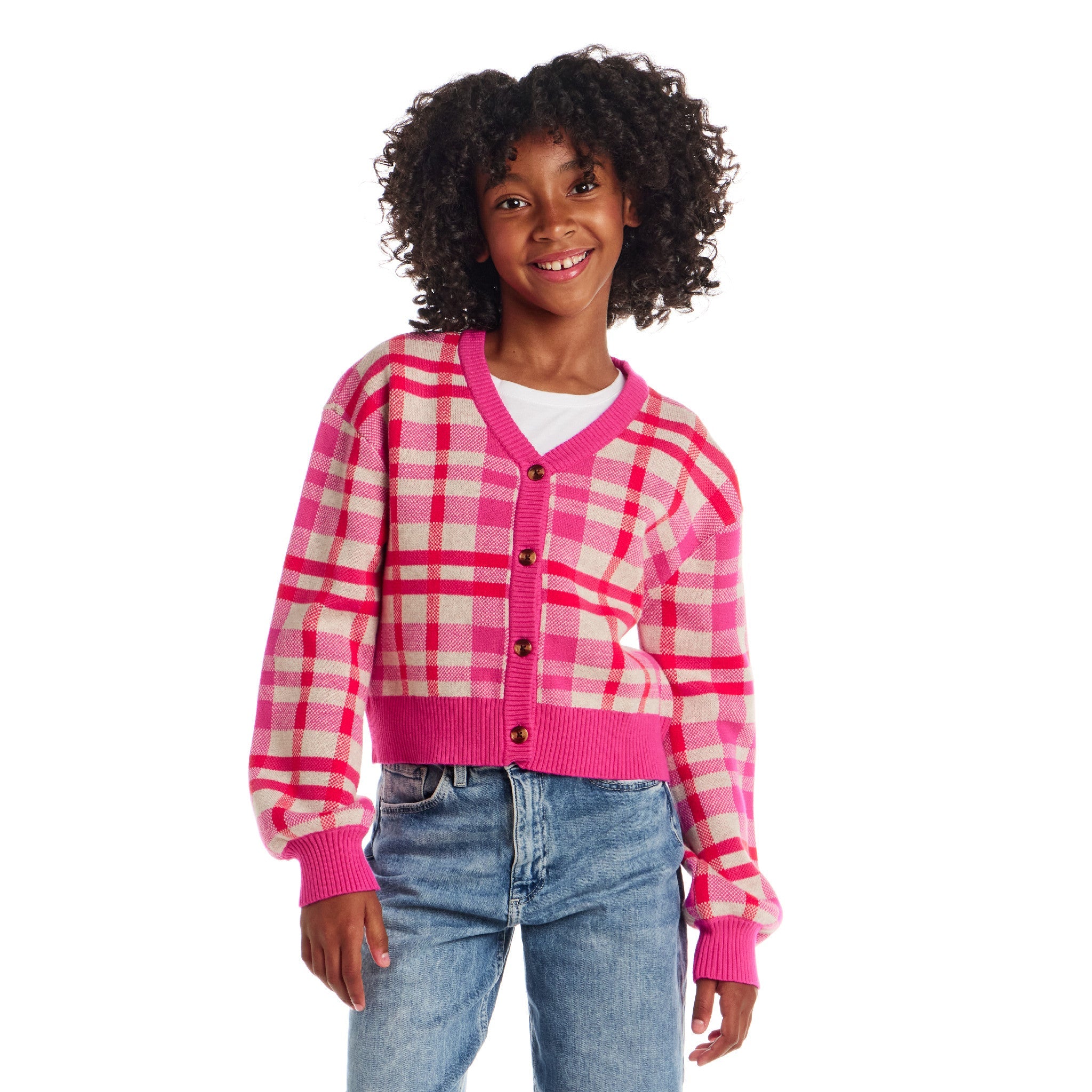 Tween (7-16) Cardigan | Pink Plaid