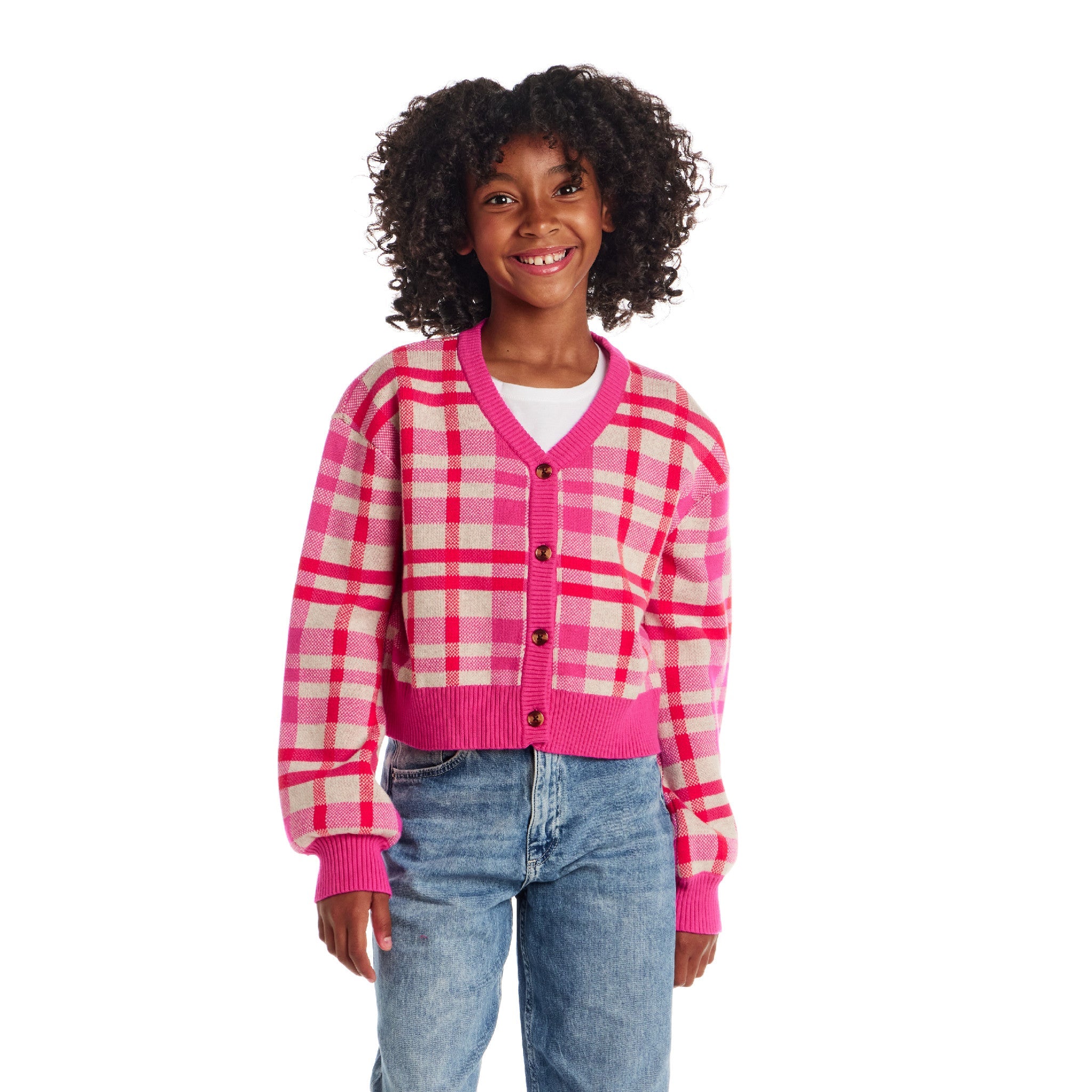 Tween (7-16) Cardigan | Pink Plaid