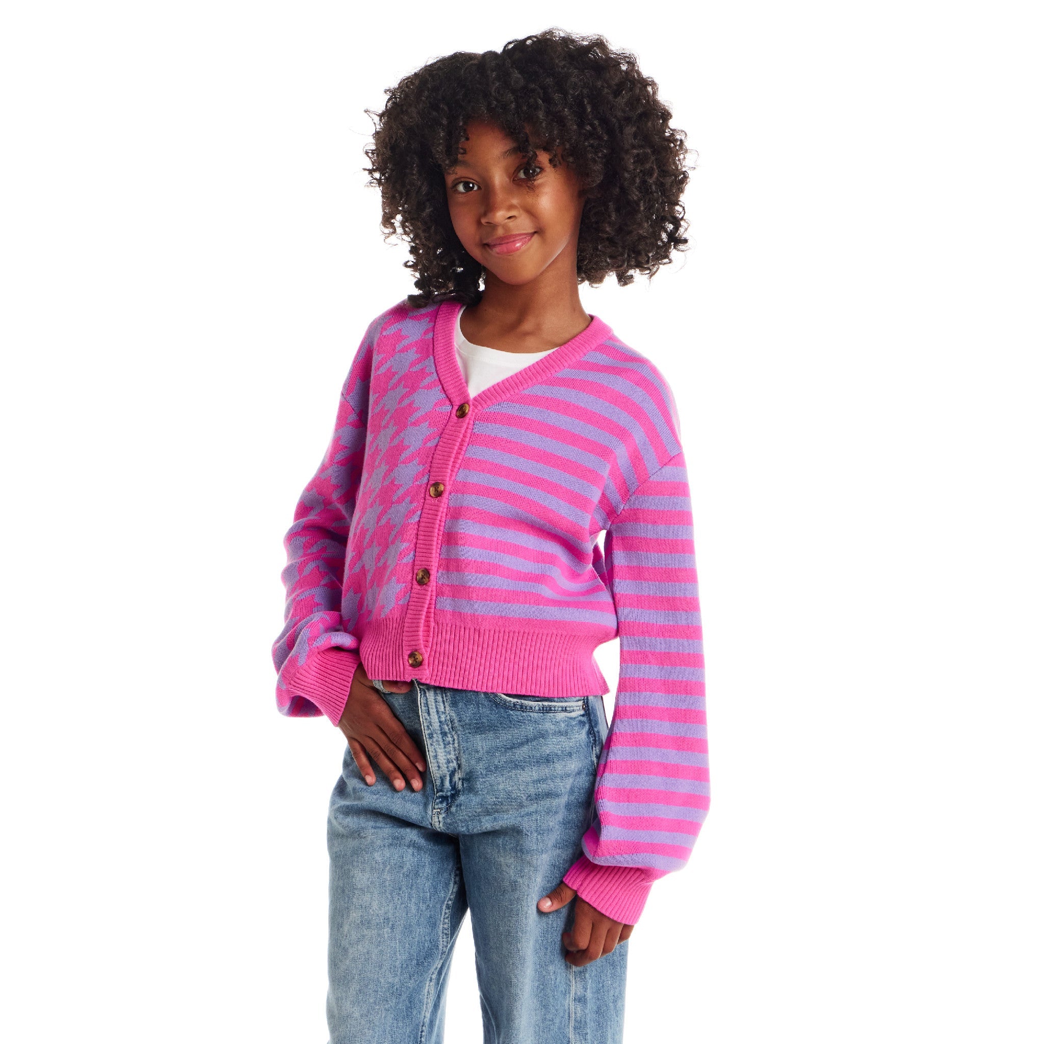 Tween (7-16) Stripe Cardigan | Pink Houndstooth
