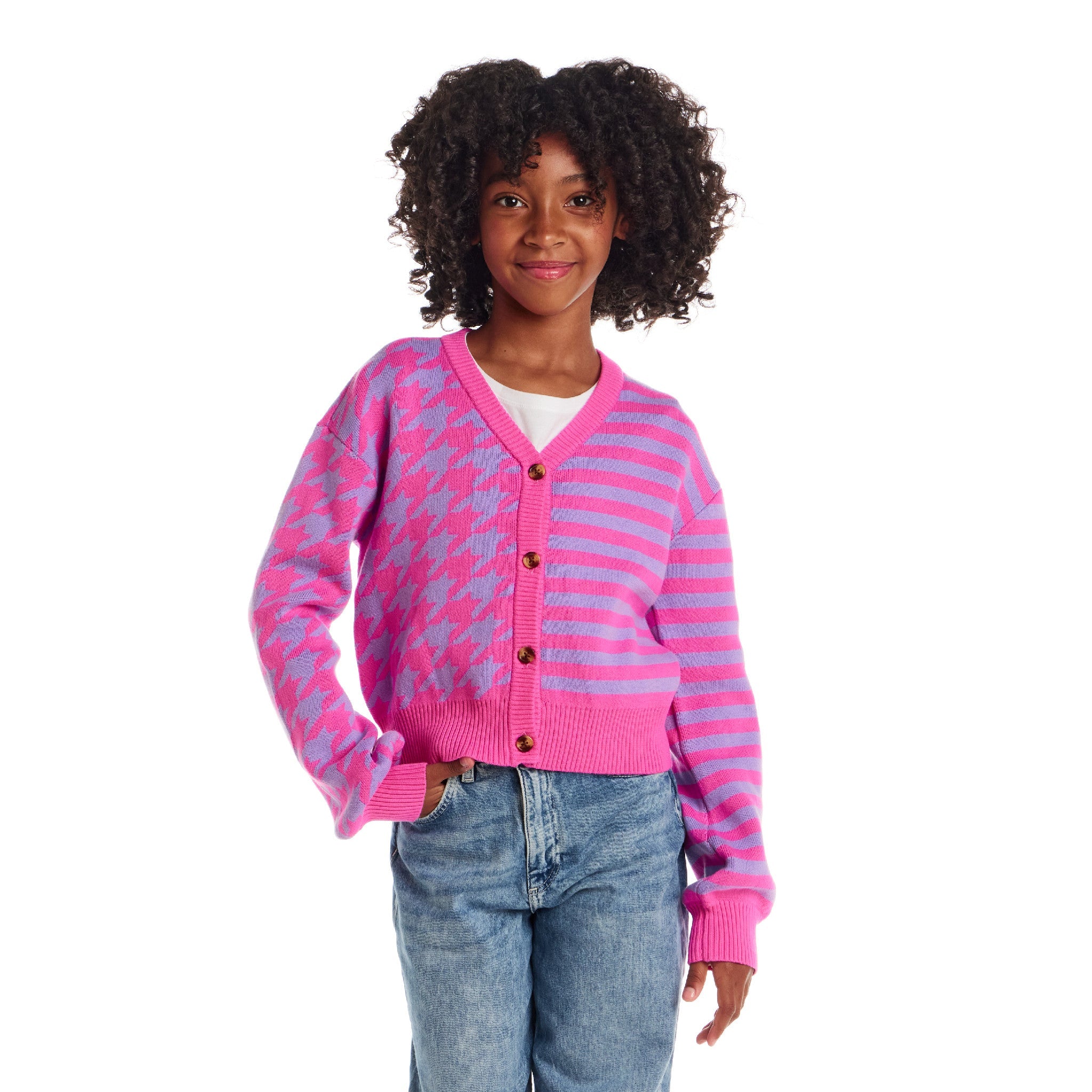 Tween (7-16) Stripe Cardigan | Pink Houndstooth