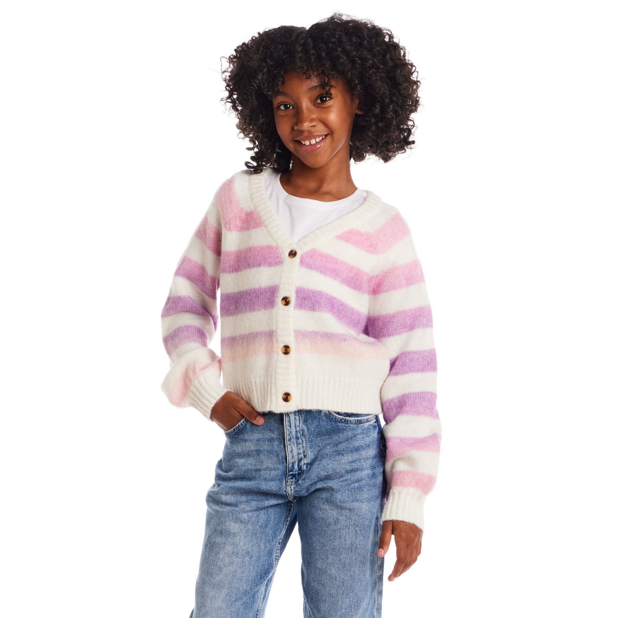 Tween (7-16) Stripe Cardigan | Oatmeal Lavendar