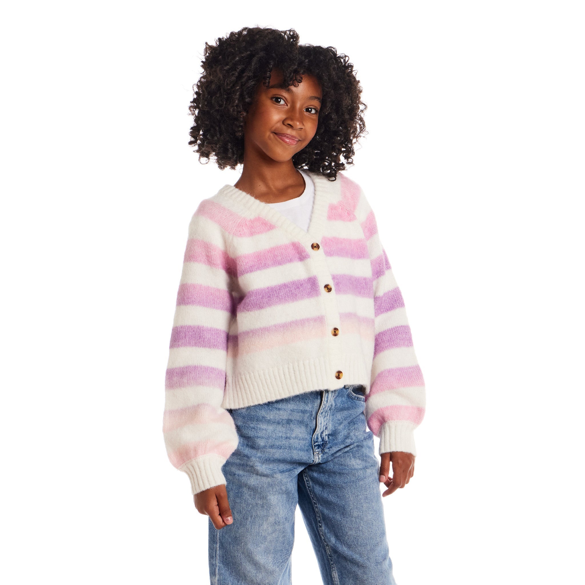 Tween (7-16) Stripe Cardigan | Oatmeal Lavendar