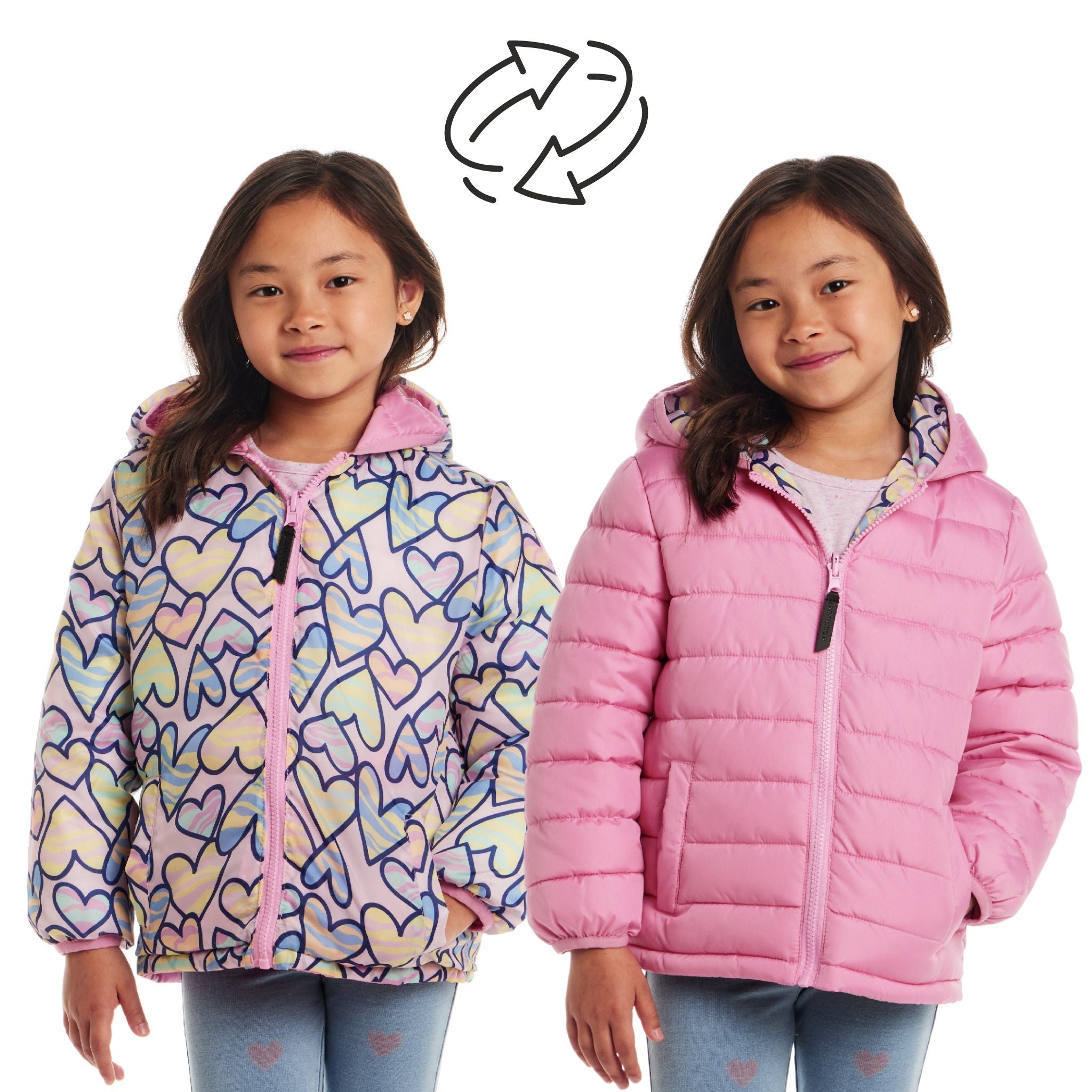 Kids Printed Reversible Puffer Jacket | Pink Hearts