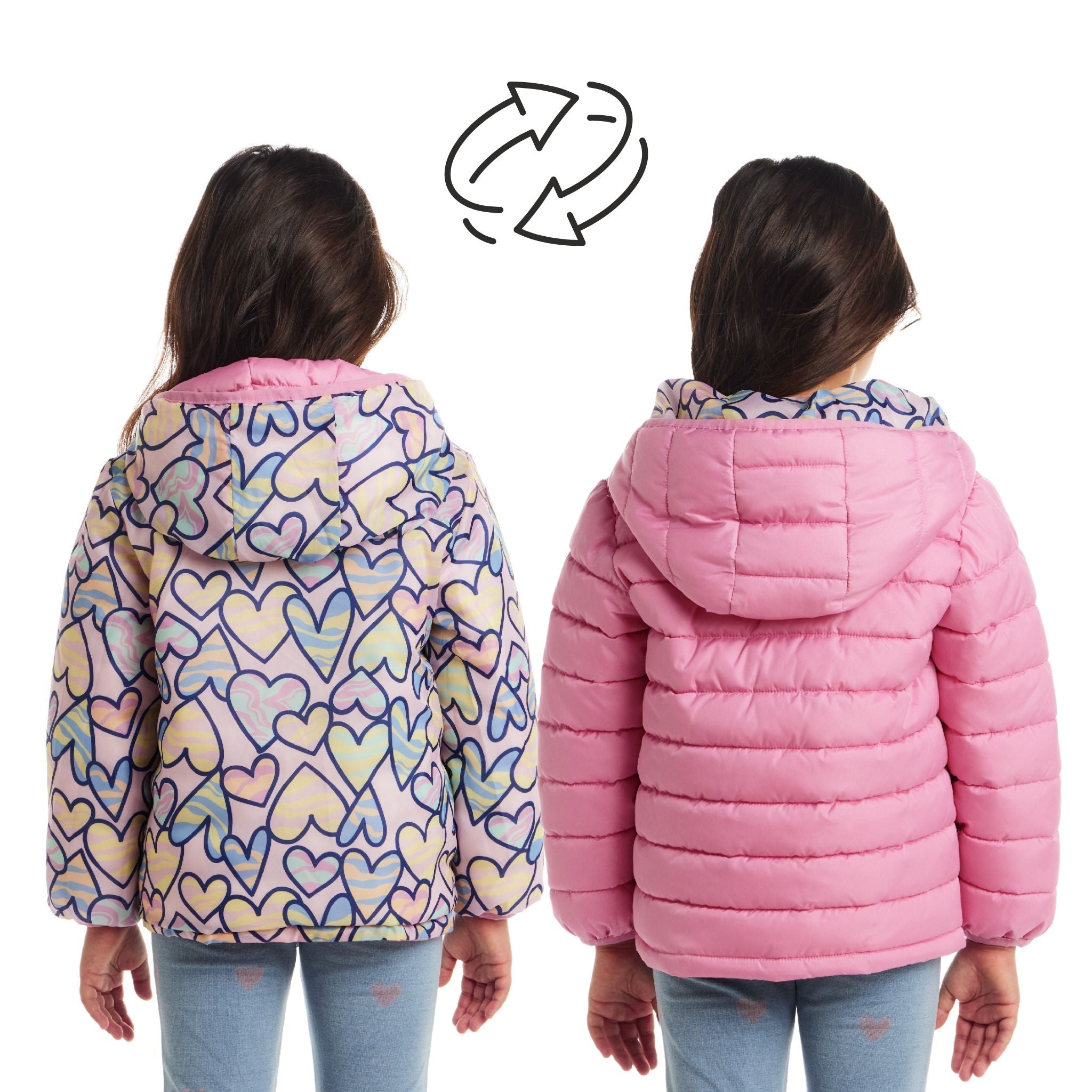Kids Printed Reversible Puffer Jacket | Pink Hearts