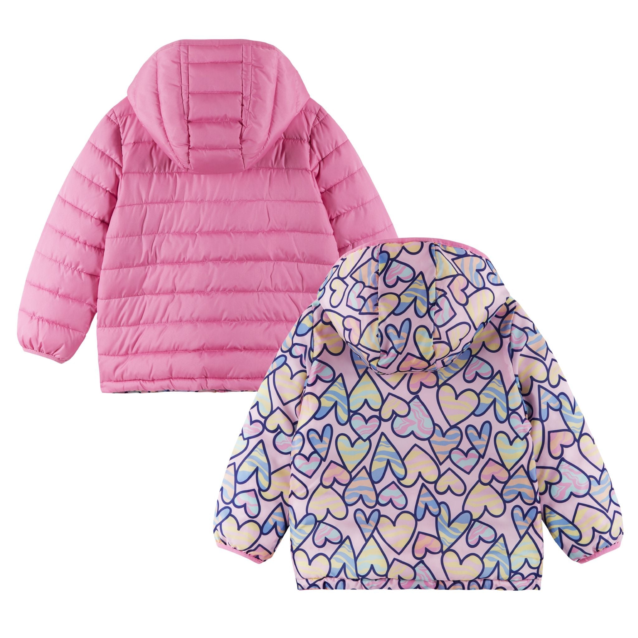 Kids Printed Reversible Puffer Jacket | Pink Hearts