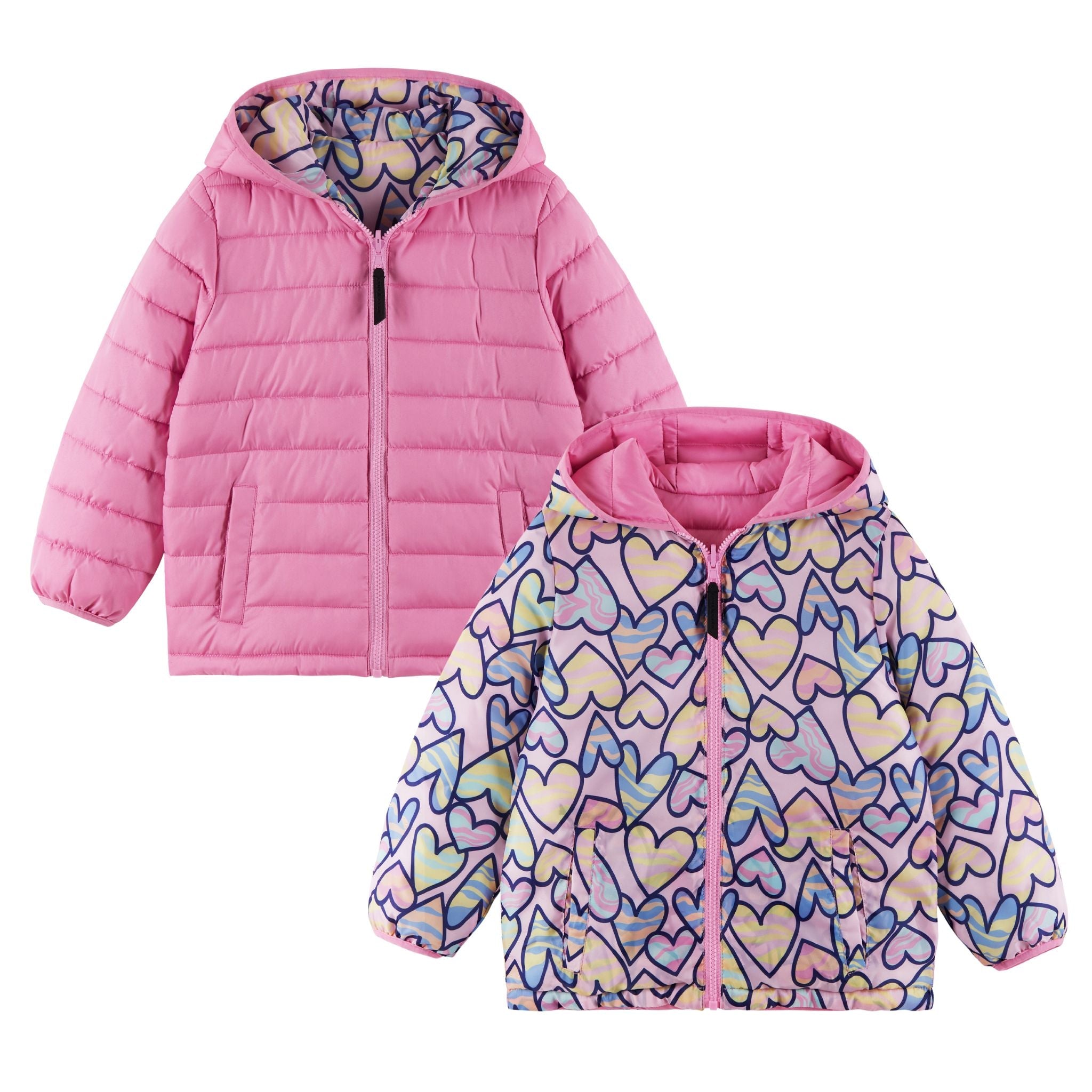 Kids Printed Reversible Puffer Jacket | Pink Hearts