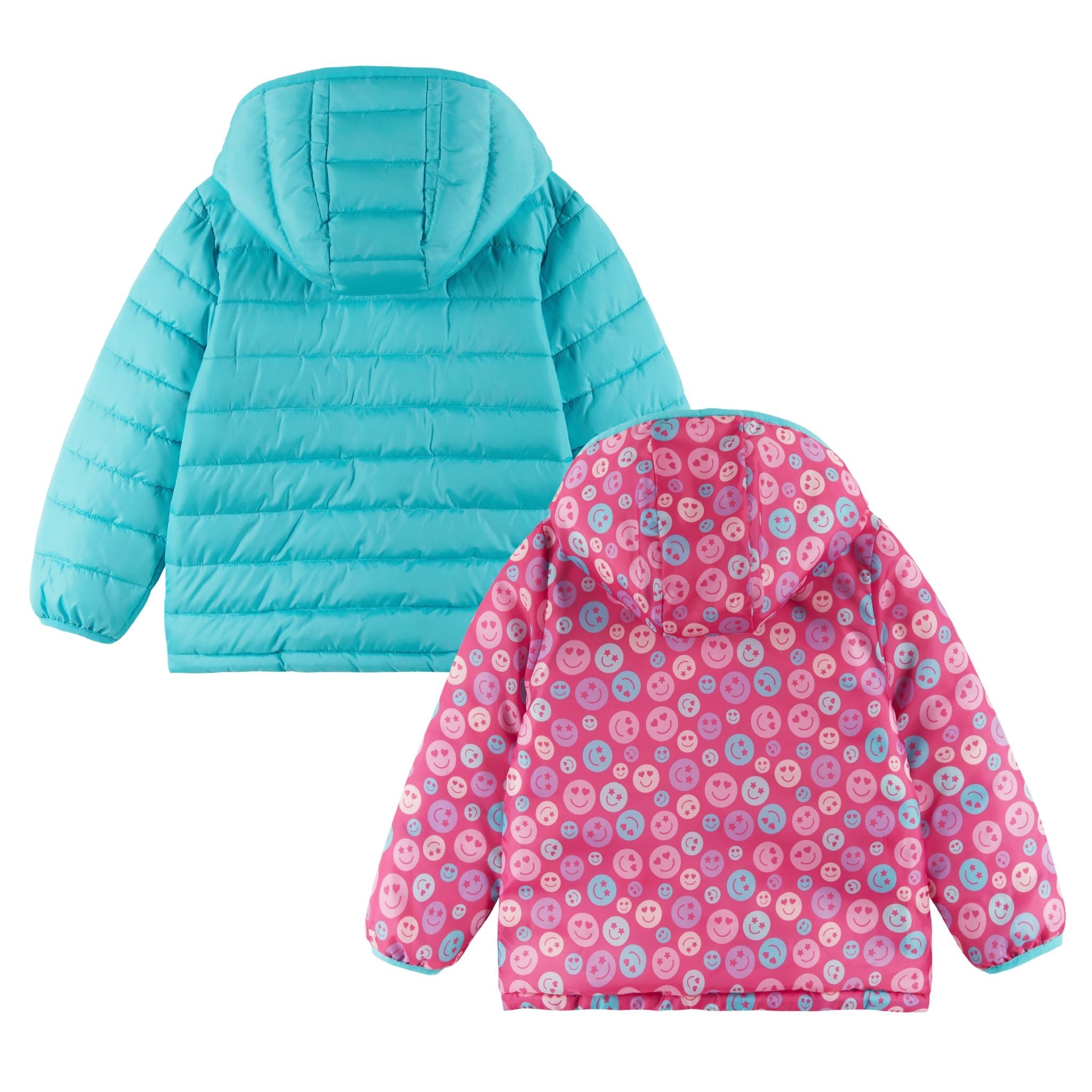 Kids Printed Reversible Puffer Jacket | Pink Smiley