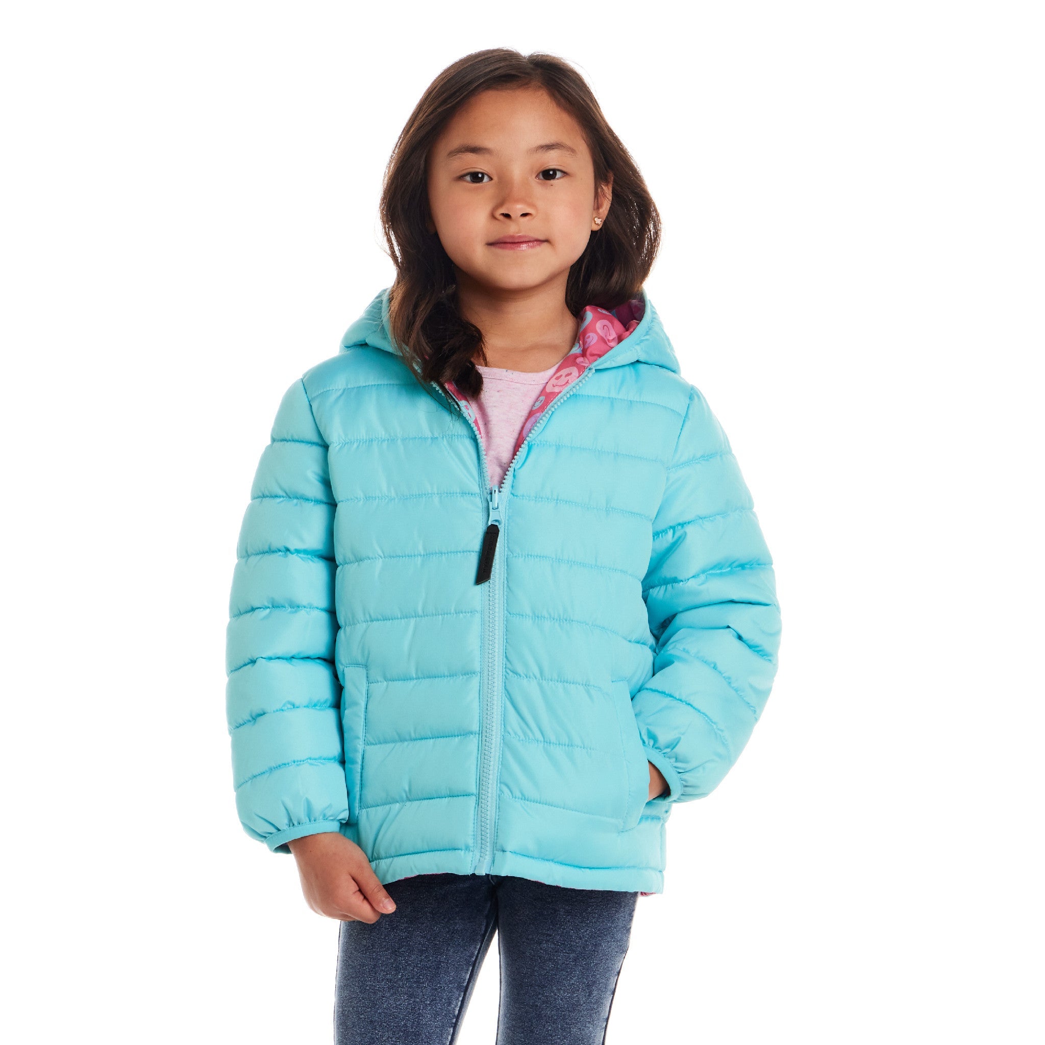 Kids Printed Reversible Puffer Jacket | Pink Smiley