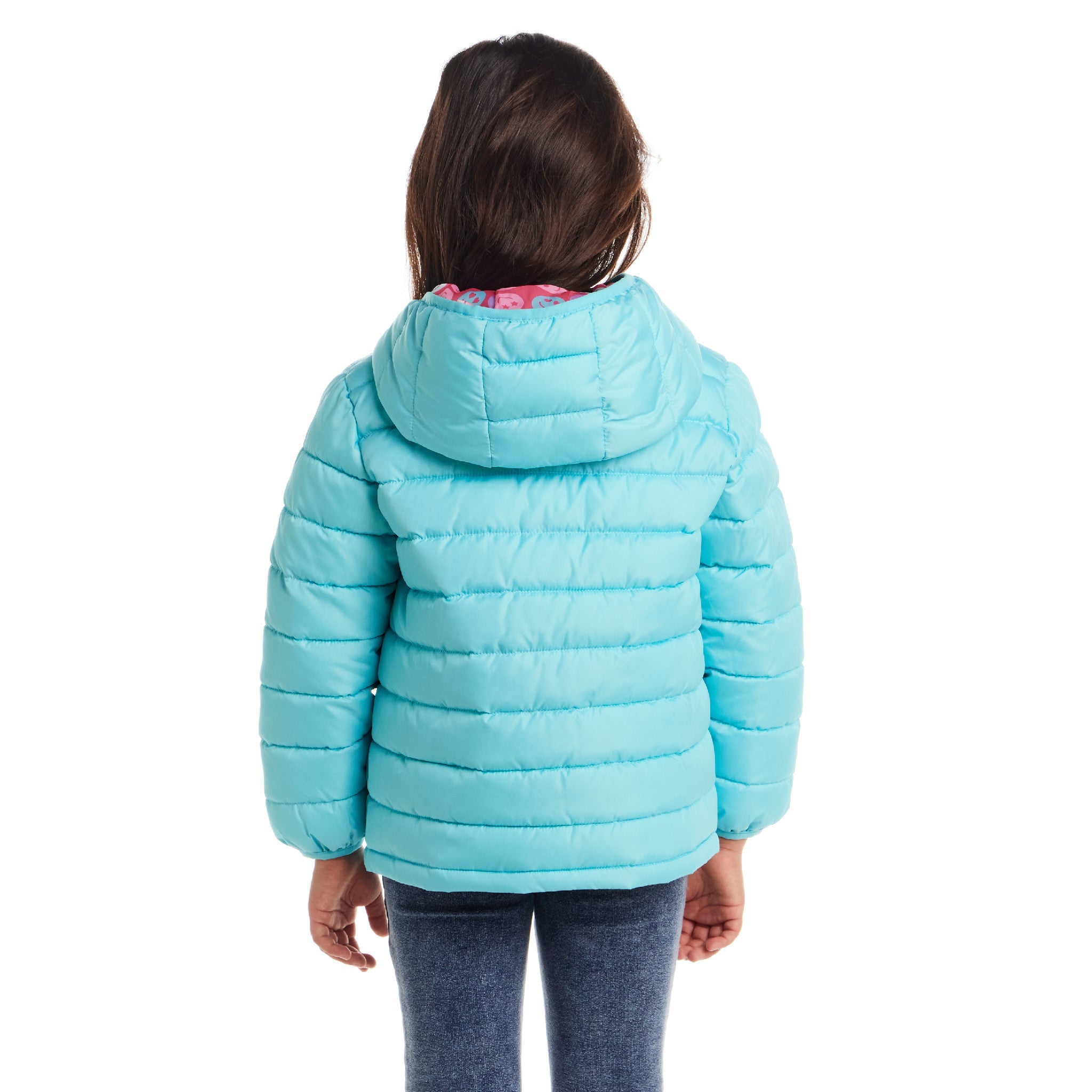 Kids Printed Reversible Puffer Jacket | Pink Smiley