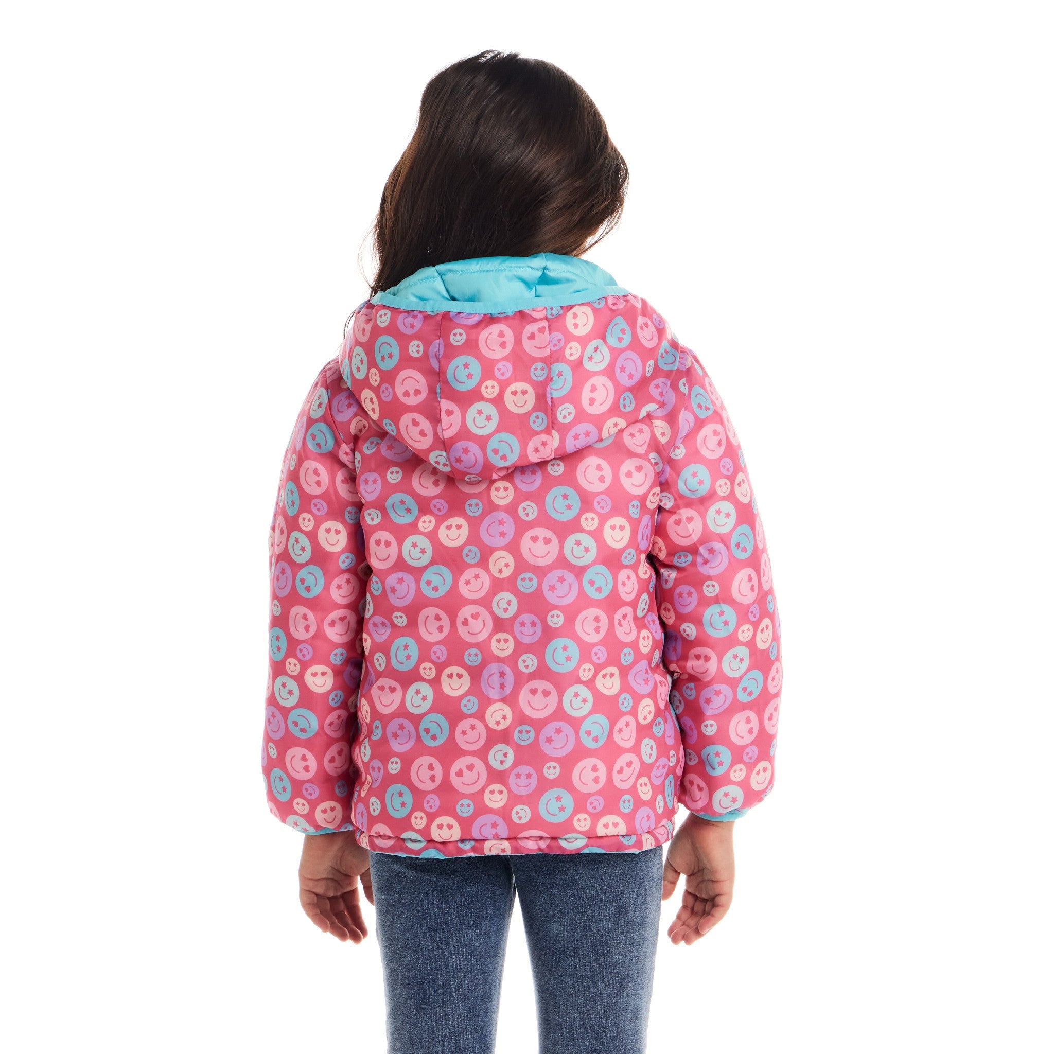 Kids Printed Reversible Puffer Jacket | Pink Smiley