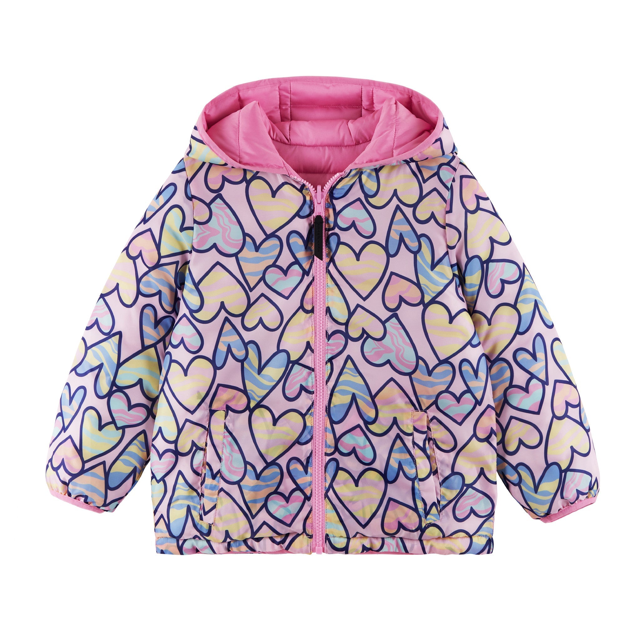 Kids Printed Reversible Puffer Jacket | Pink Hearts
