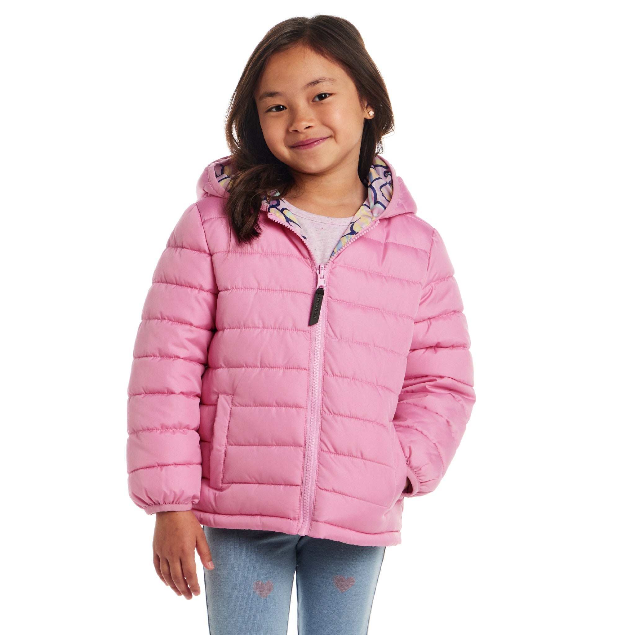 Kids Printed Reversible Puffer Jacket | Pink Hearts