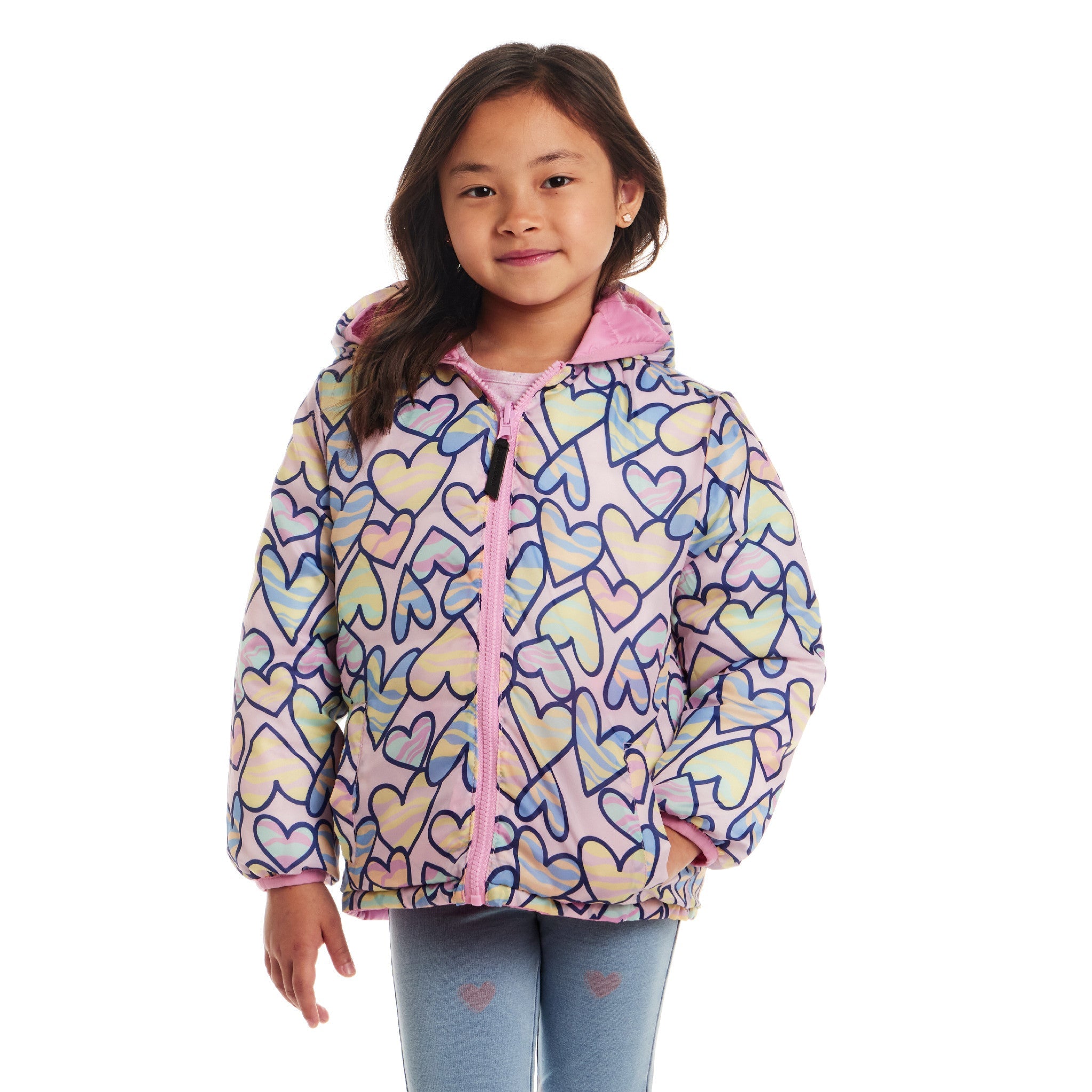 Kids Printed Reversible Puffer Jacket | Pink Hearts