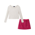 Tween (7-16) Ribbed Top & Houndstooth Skirt Set | Ivory & Pink