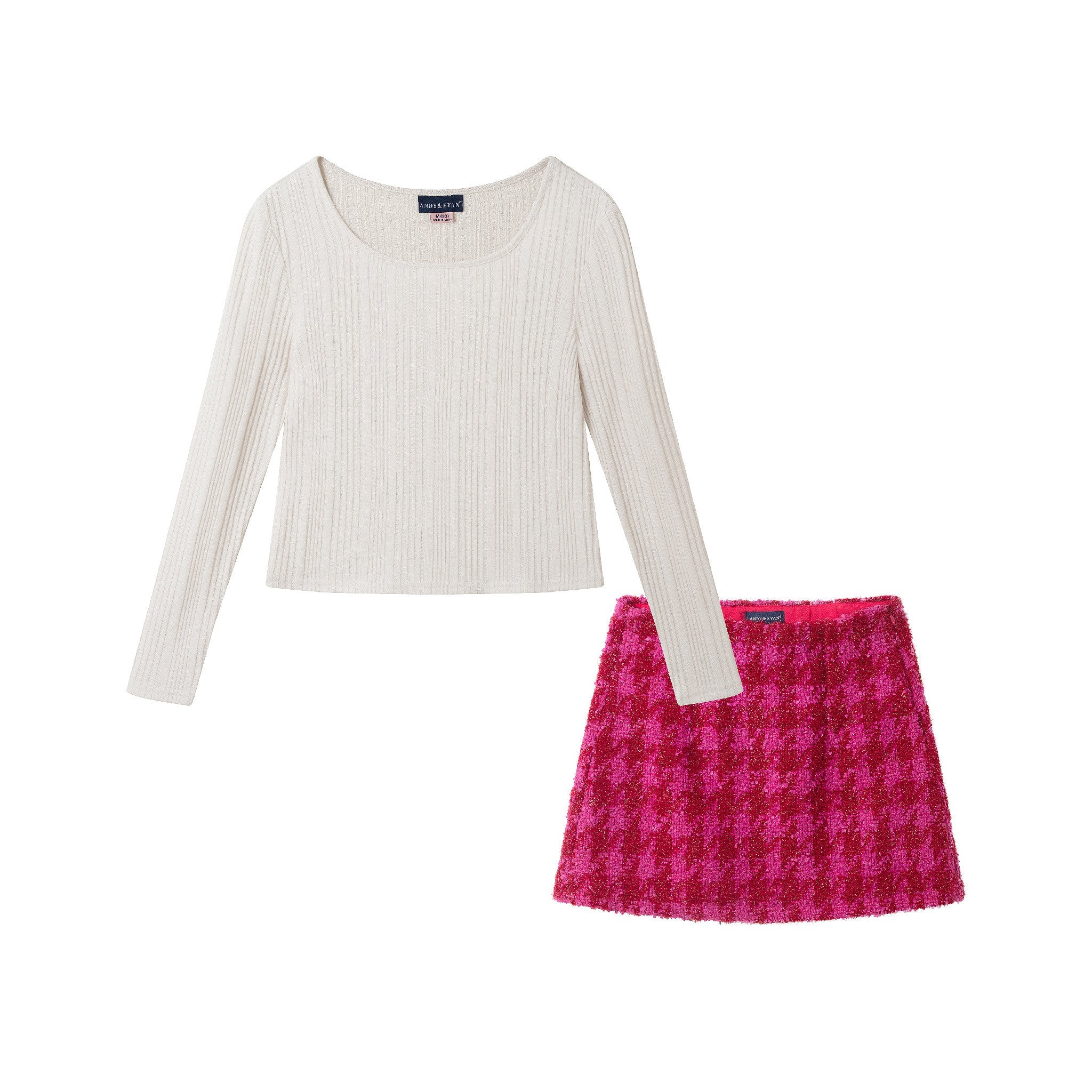 Tween (7-16) Ribbed Top & Houndstooth Skirt Set | Ivory & Pink