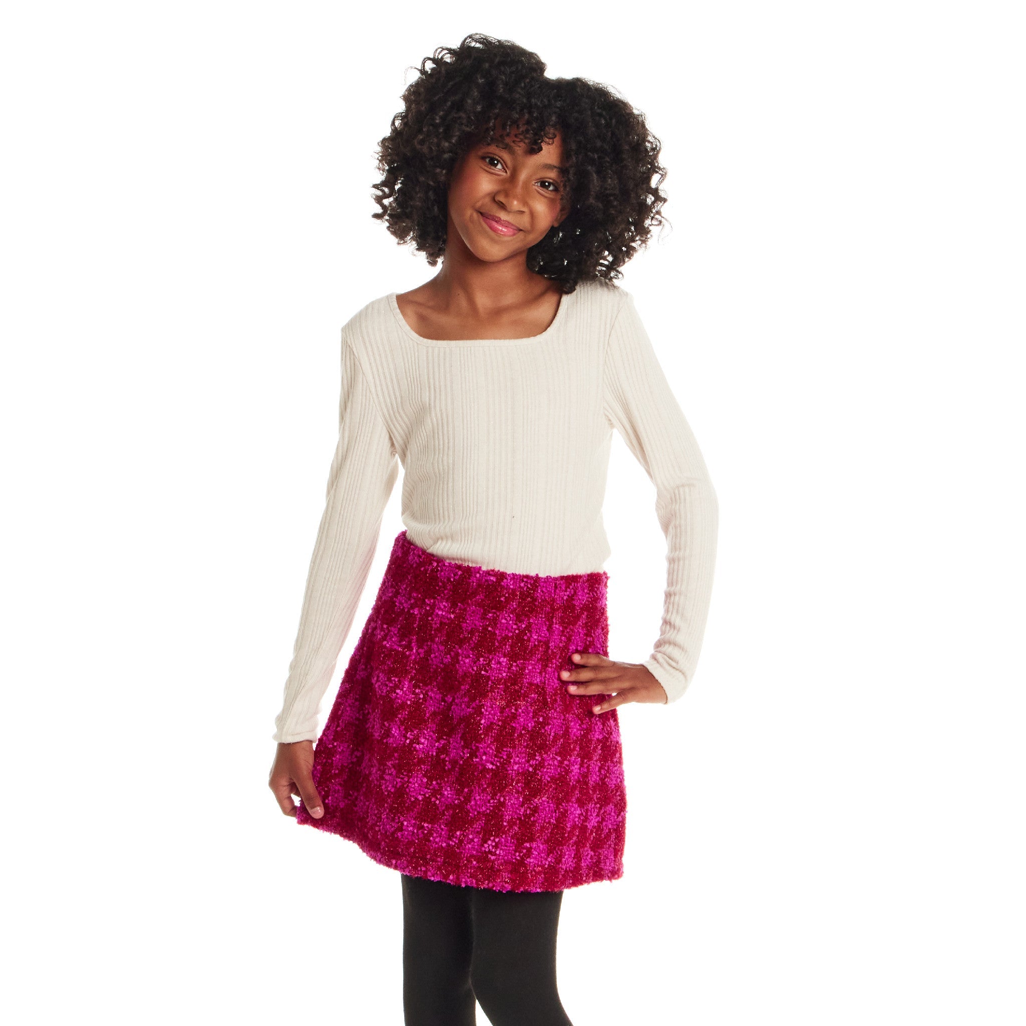 Tween (7-16) Ribbed Top & Houndstooth Skirt Set | Ivory & Pink