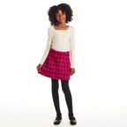 Tween (7-16) Ribbed Top & Houndstooth Skirt Set | Ivory & Pink
