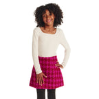 Tween (7-16) Ribbed Top & Houndstooth Skirt Set | Ivory & Pink