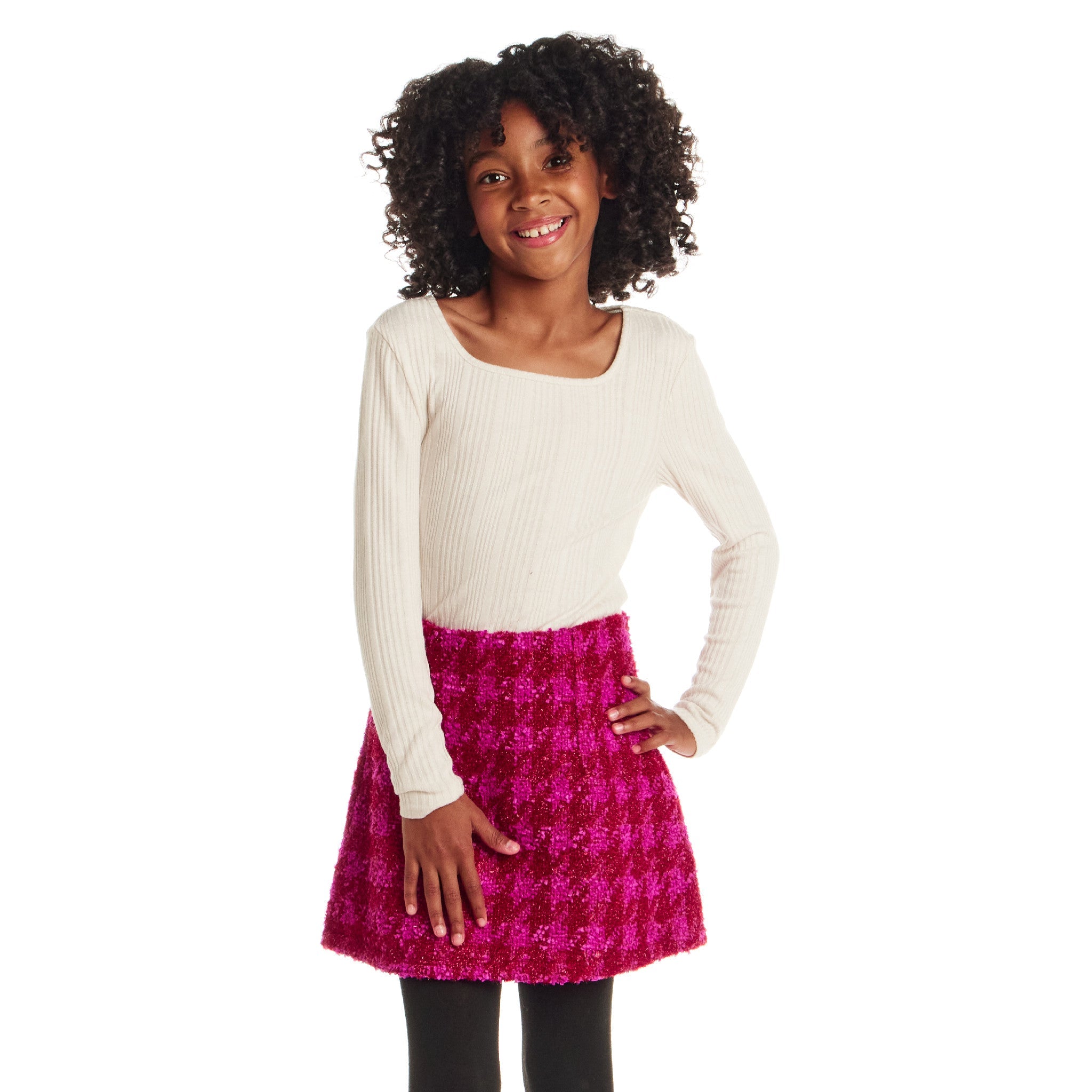 Tween (7-16) Ribbed Top & Houndstooth Skirt Set | Ivory & Pink