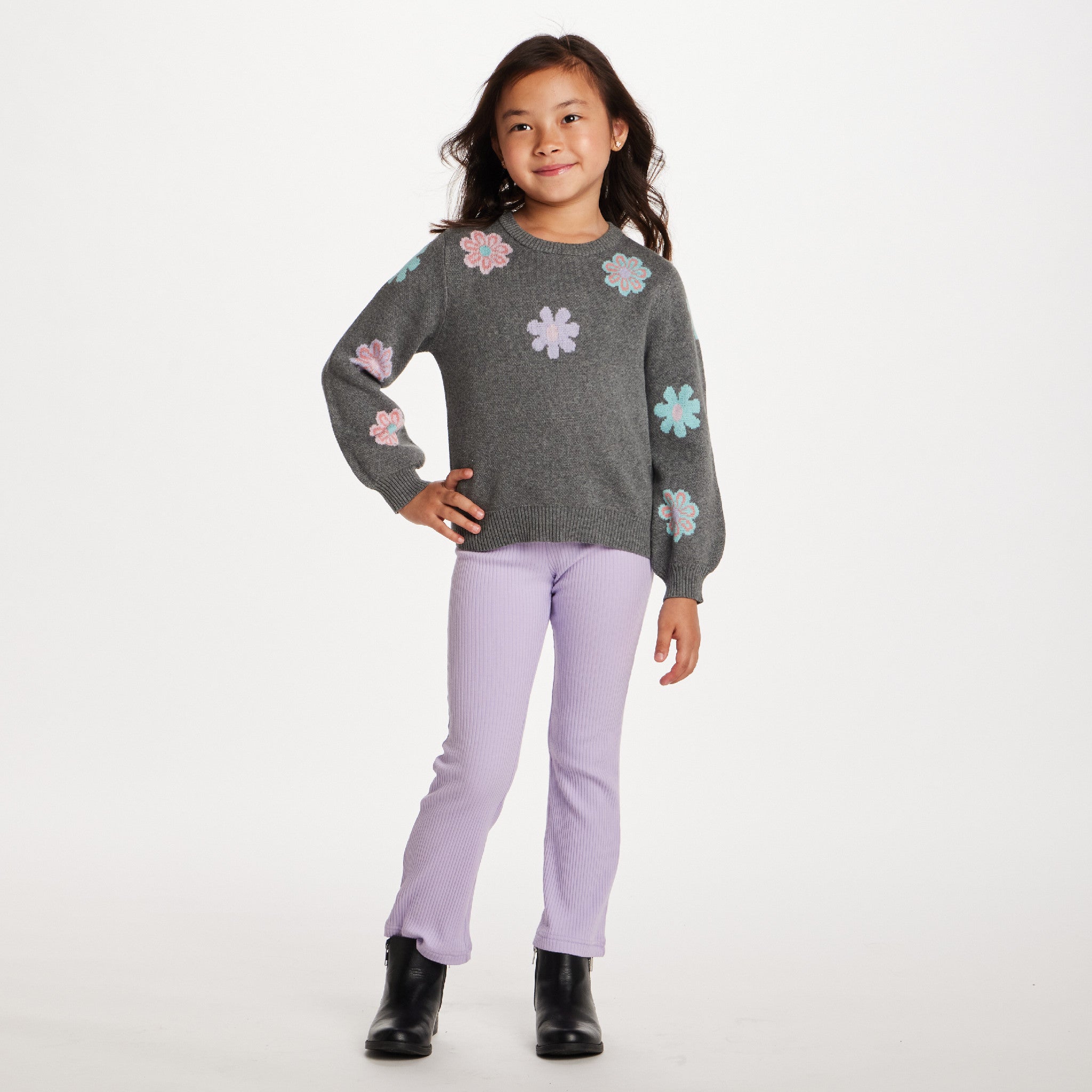 Kids Floral Sweater | Charcoal Grey