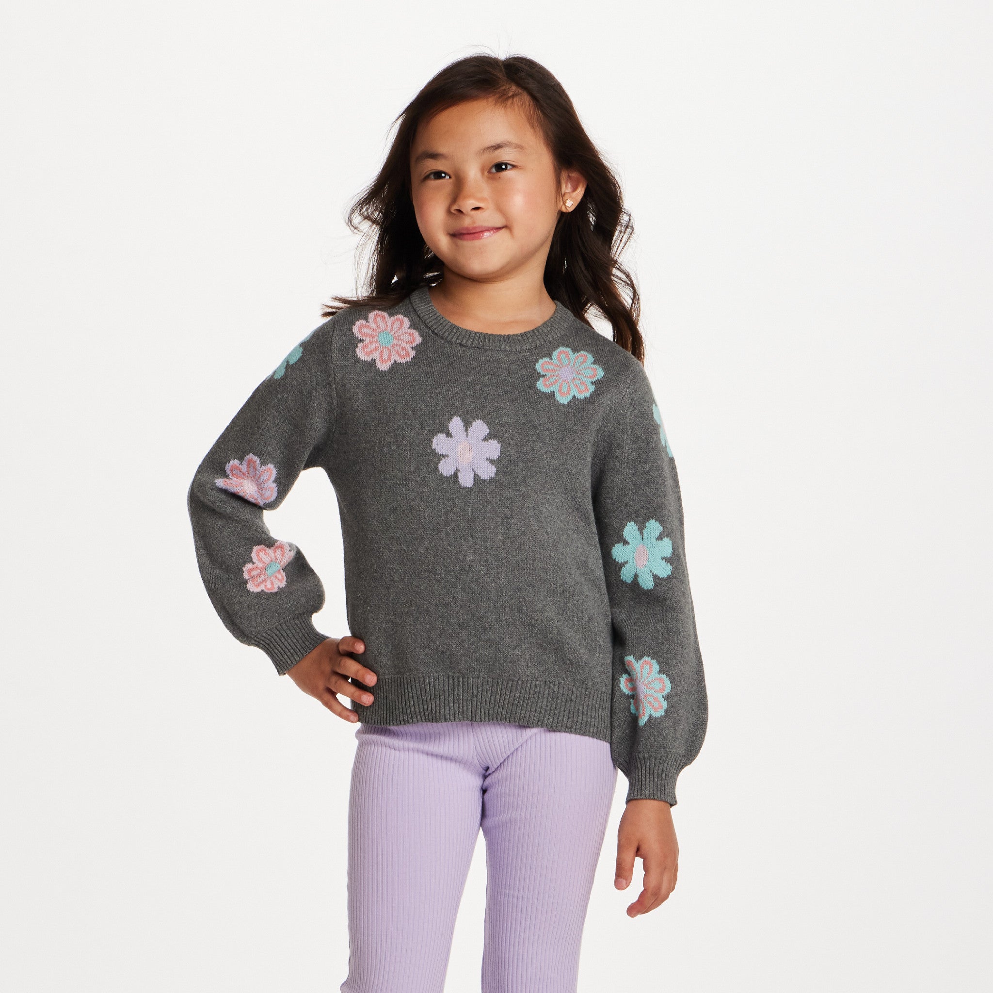 Kids Floral Sweater | Charcoal Grey
