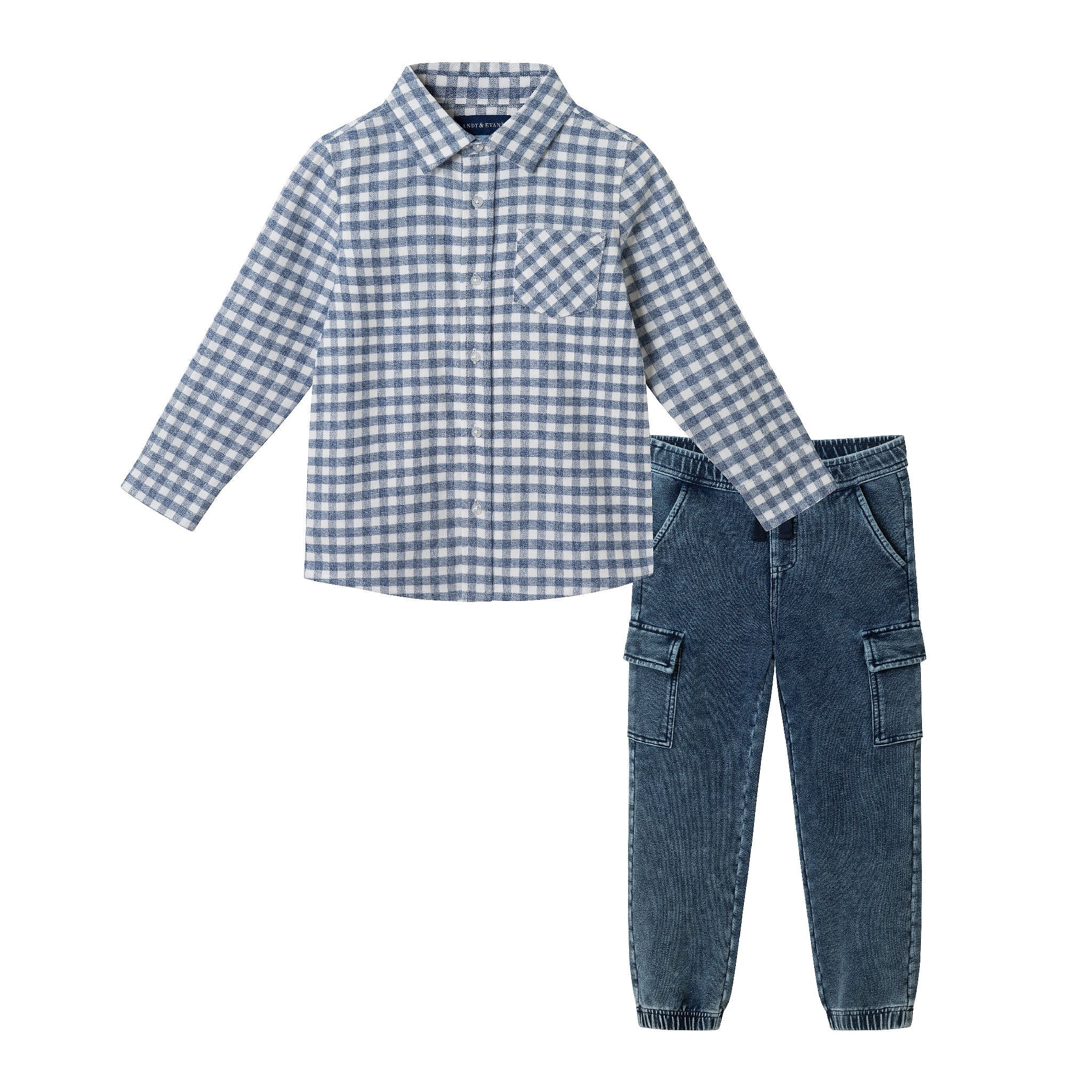 Kids Buttondown & Knit Denim Jogger Set | Grey Gingham