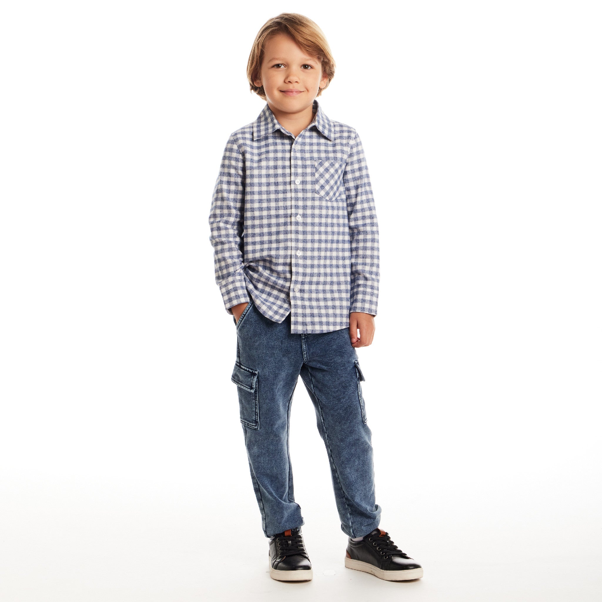 Kids Buttondown & Knit Denim Jogger Set | Grey Gingham