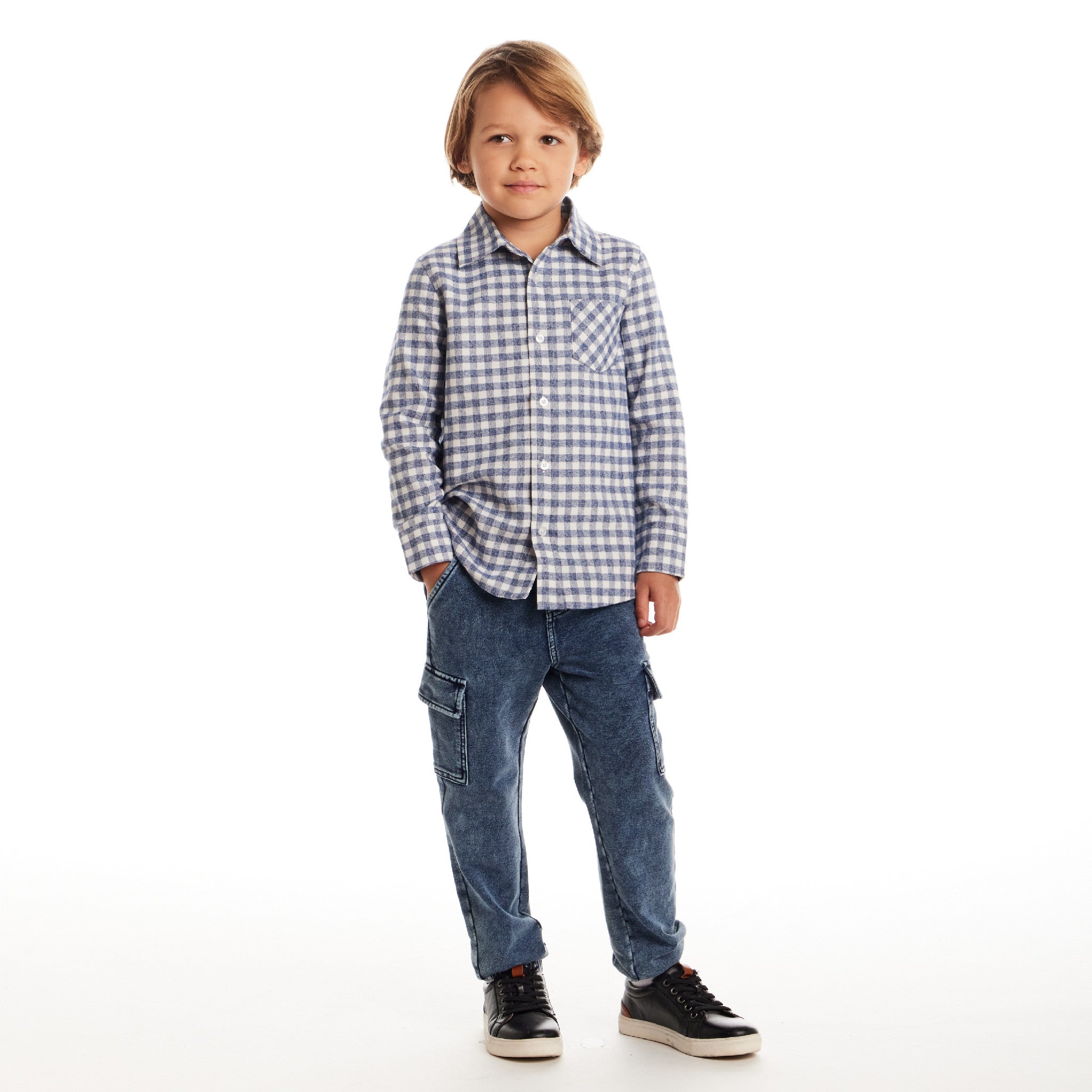 Kids Buttondown & Knit Denim Jogger Set | Grey Gingham