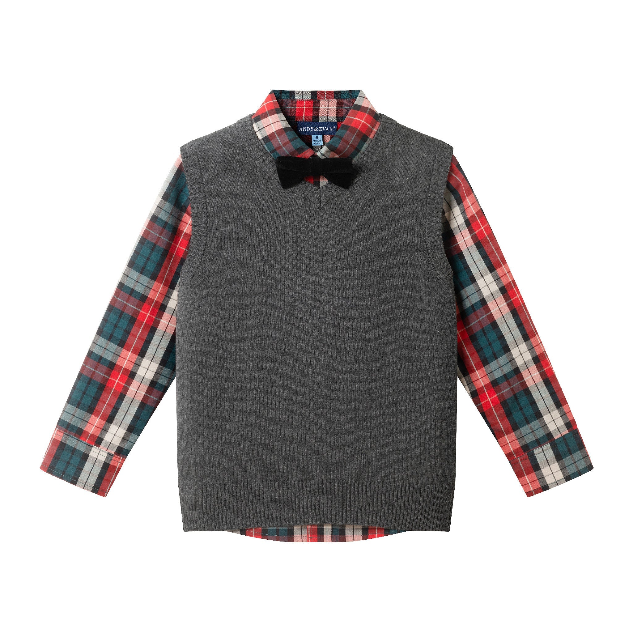 Kids 3-Piece Sweater Vest Set with Bowtie | Red Plaid