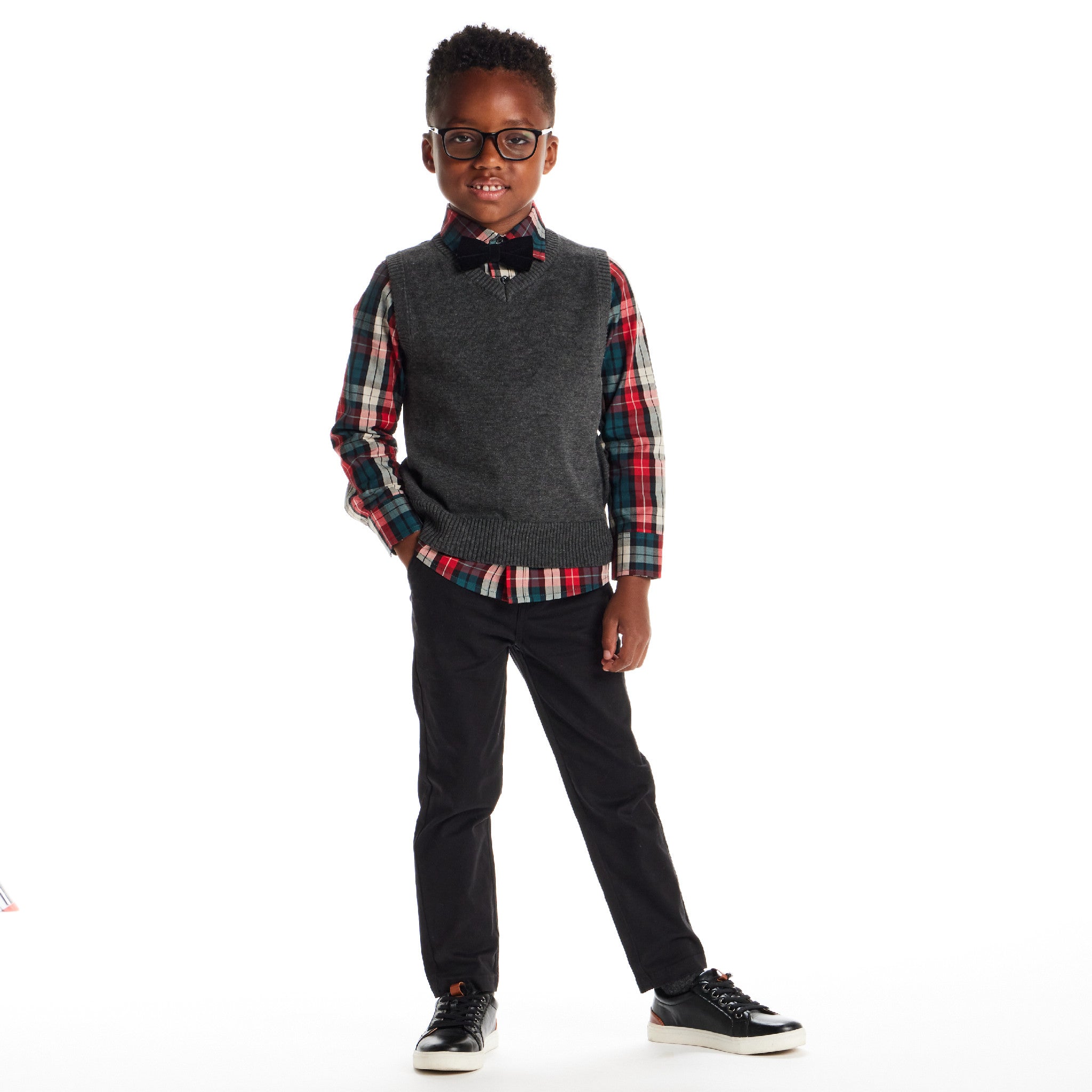 Kids 3-Piece Sweater Vest Set with Bowtie | Red Plaid