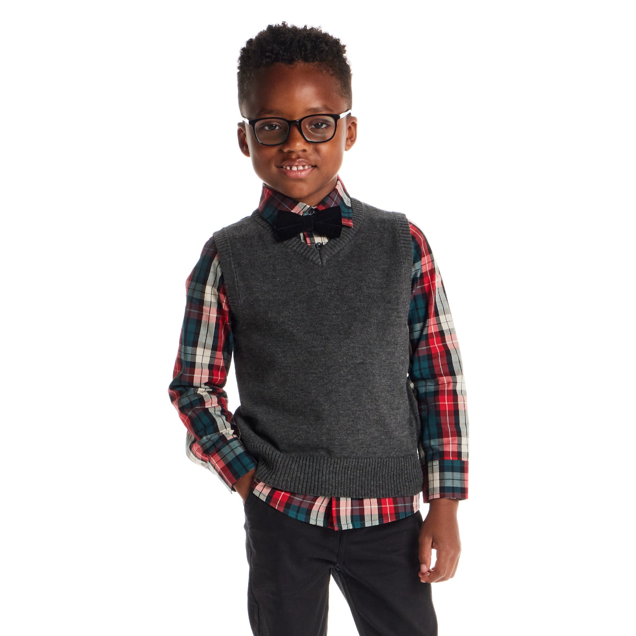 Kids 3-Piece Sweater Vest Set with Bowtie | Red Plaid