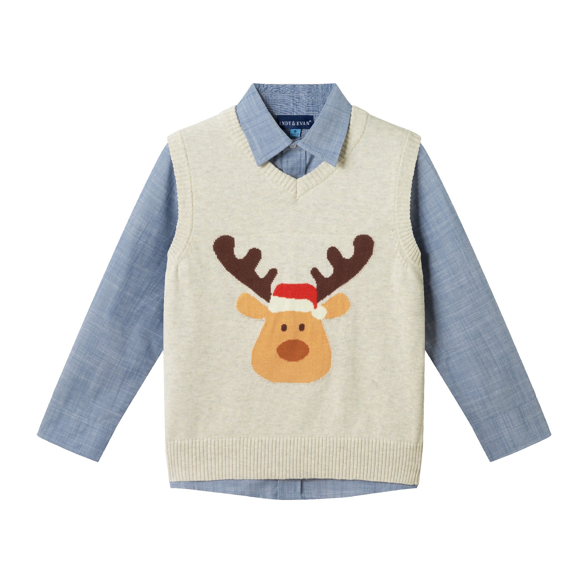 Kids Sweater Vest Set | Beige Reindeer