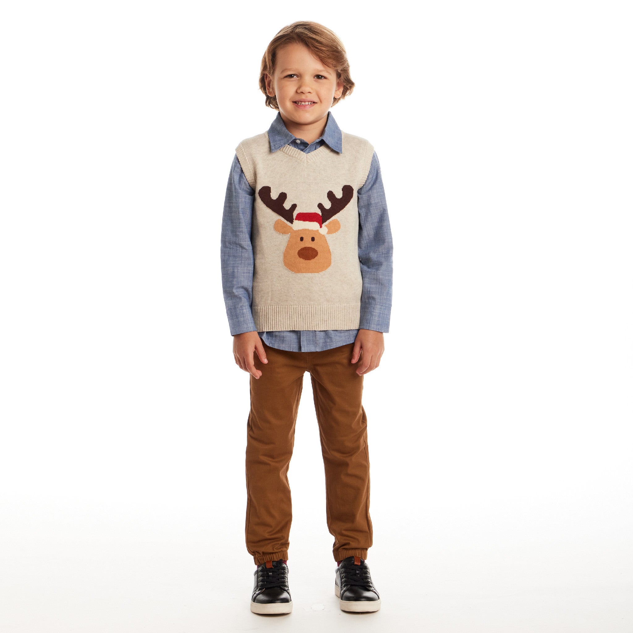 Kids Sweater Vest Set | Beige Reindeer