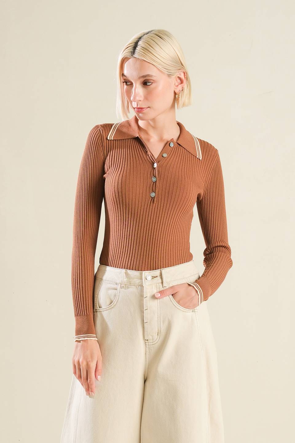 Women’s Ribbed Knit Polo Sweater