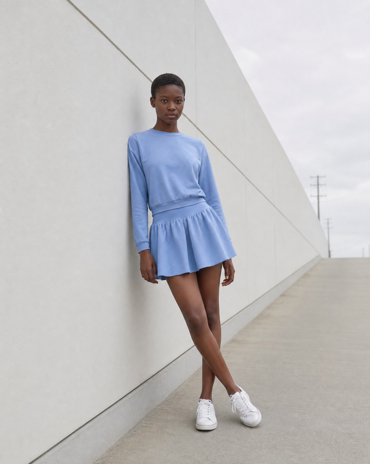 Blue Gathered Cotton Skort