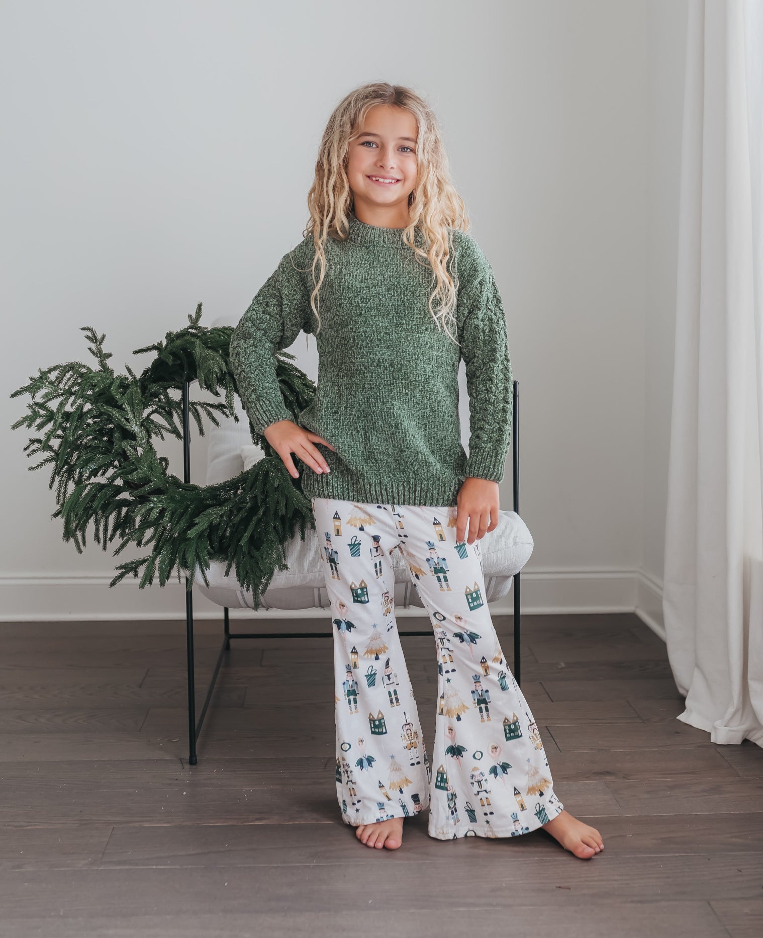Green Chenille Nutcracker Bell Pant Set