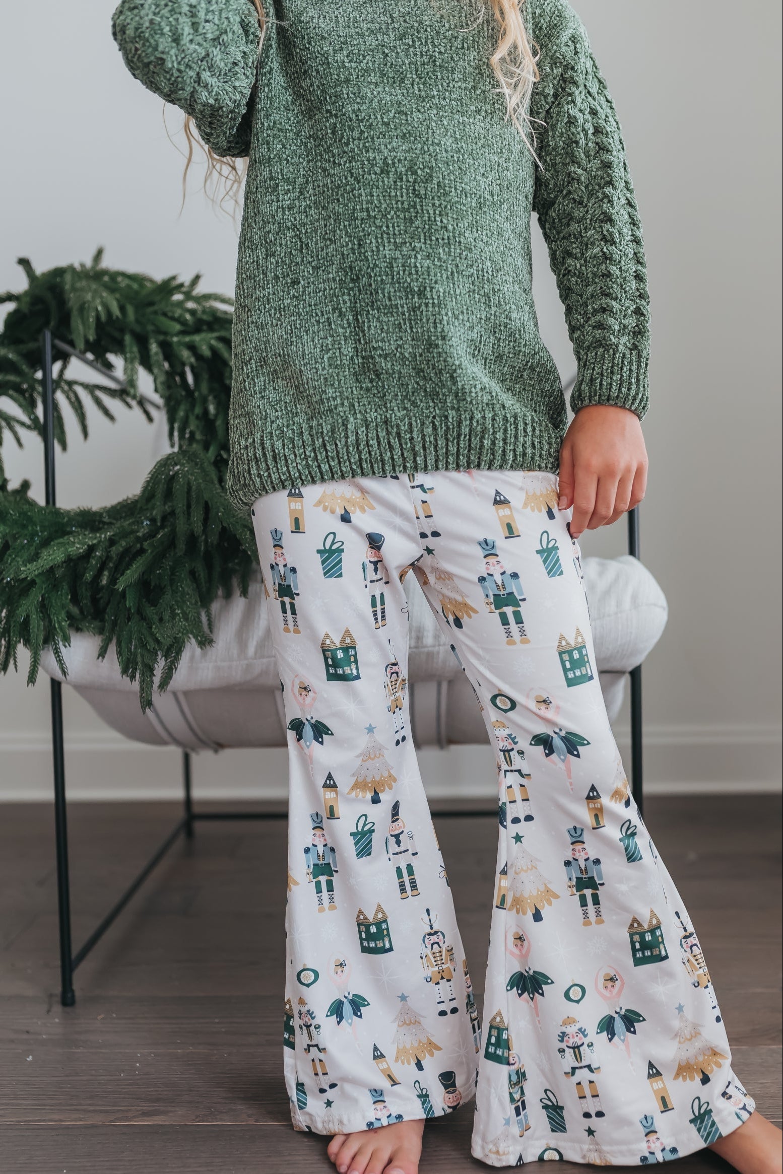 Green Chenille Nutcracker Bell Pant Set