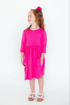 Hot Pink 3/4 Sleeve Pocket Twirl Dress