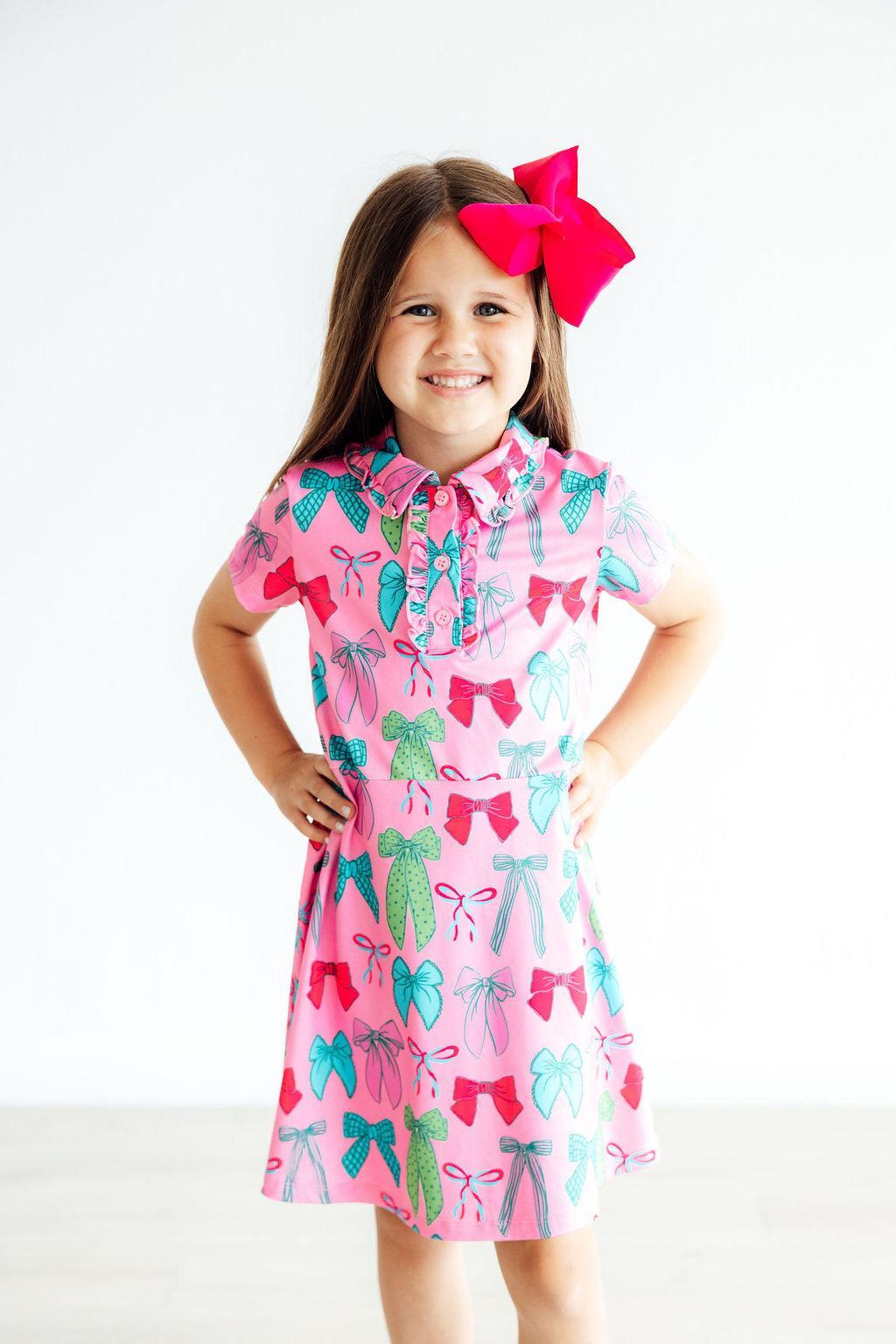 Pink Twirls & Ties Short Sleeve Polo Dress