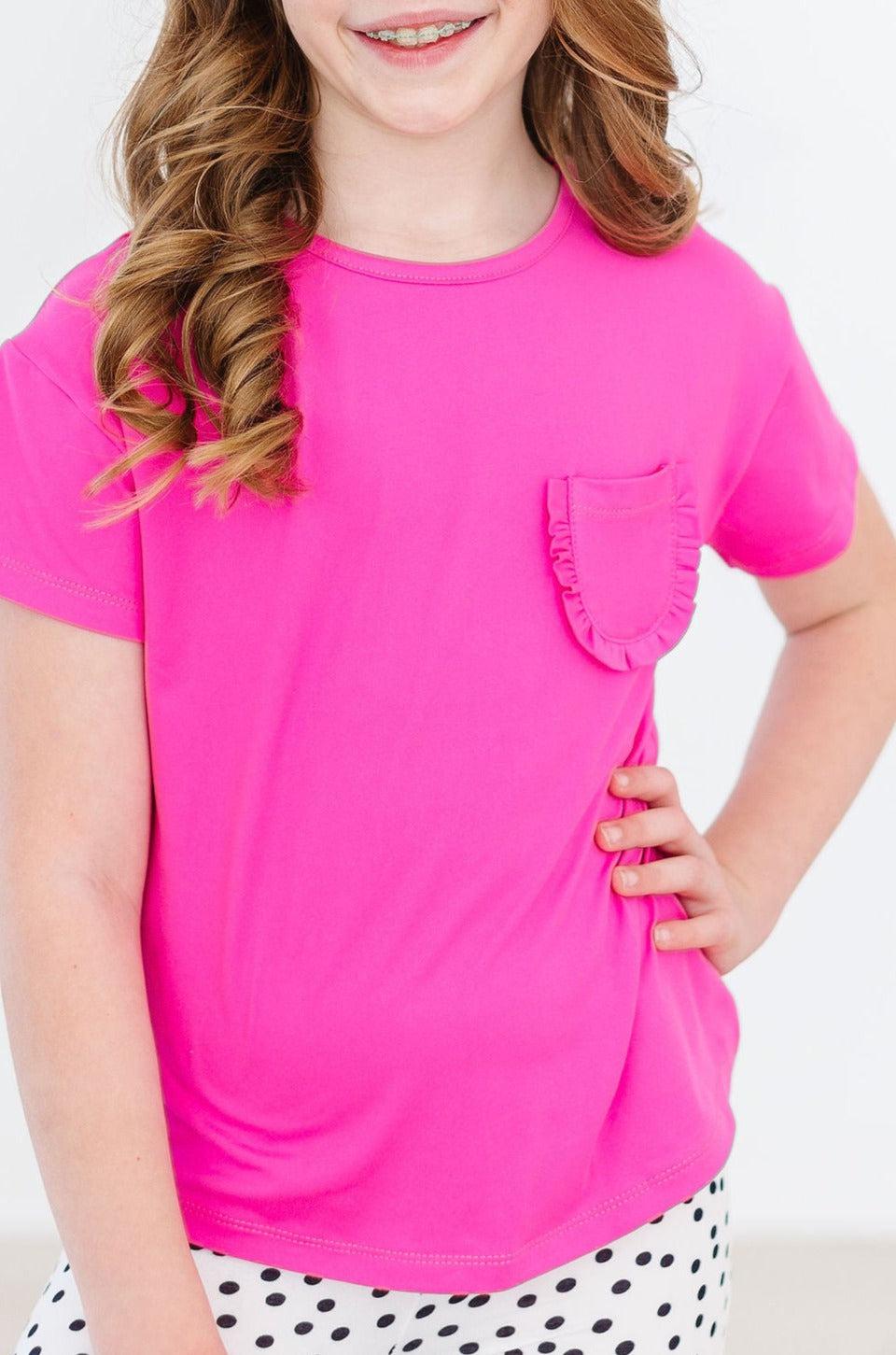 Girls Ruffle Pocket Tee – Hot Pink