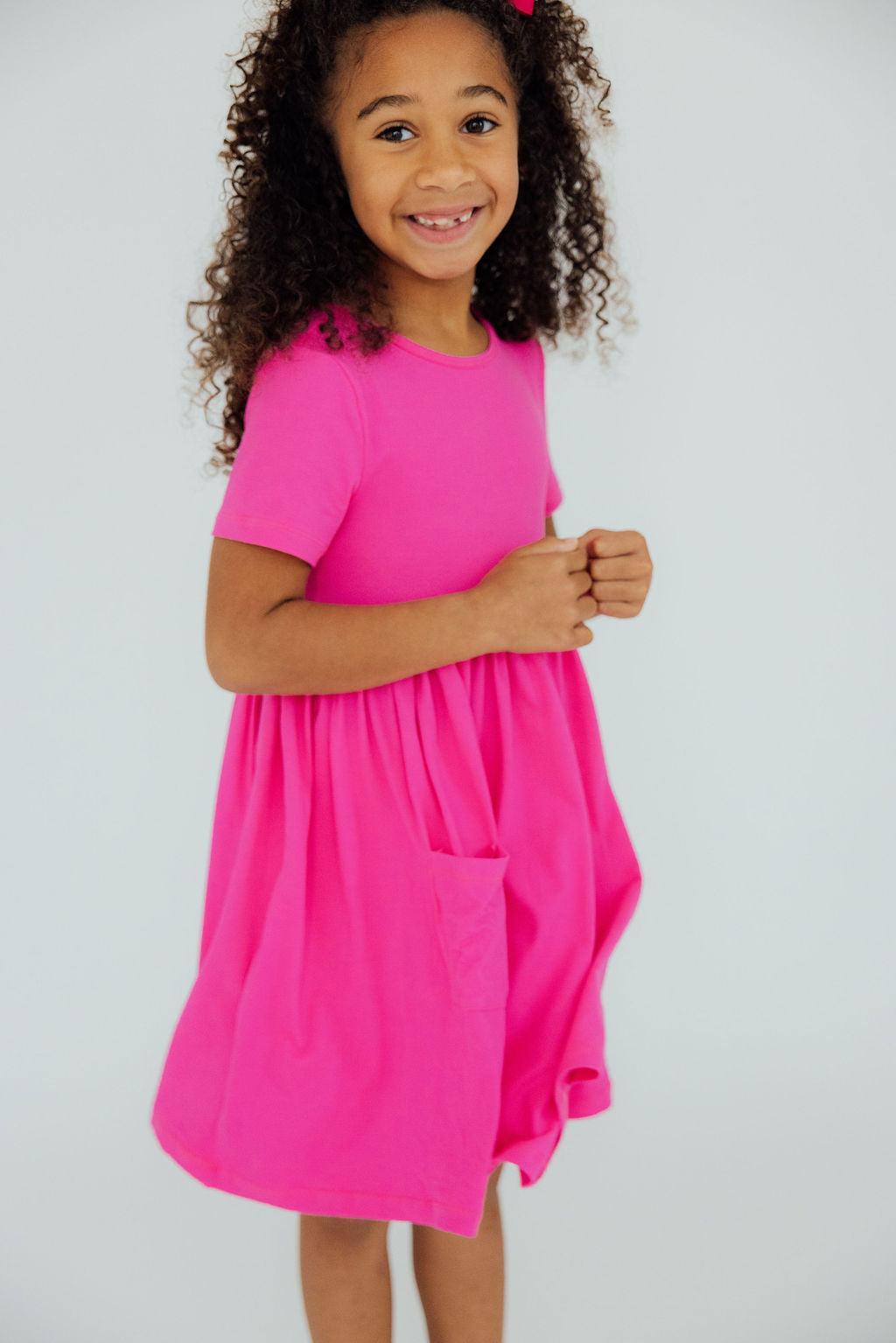 Hot Pink Short Sleeve Pocket Twirl Dress